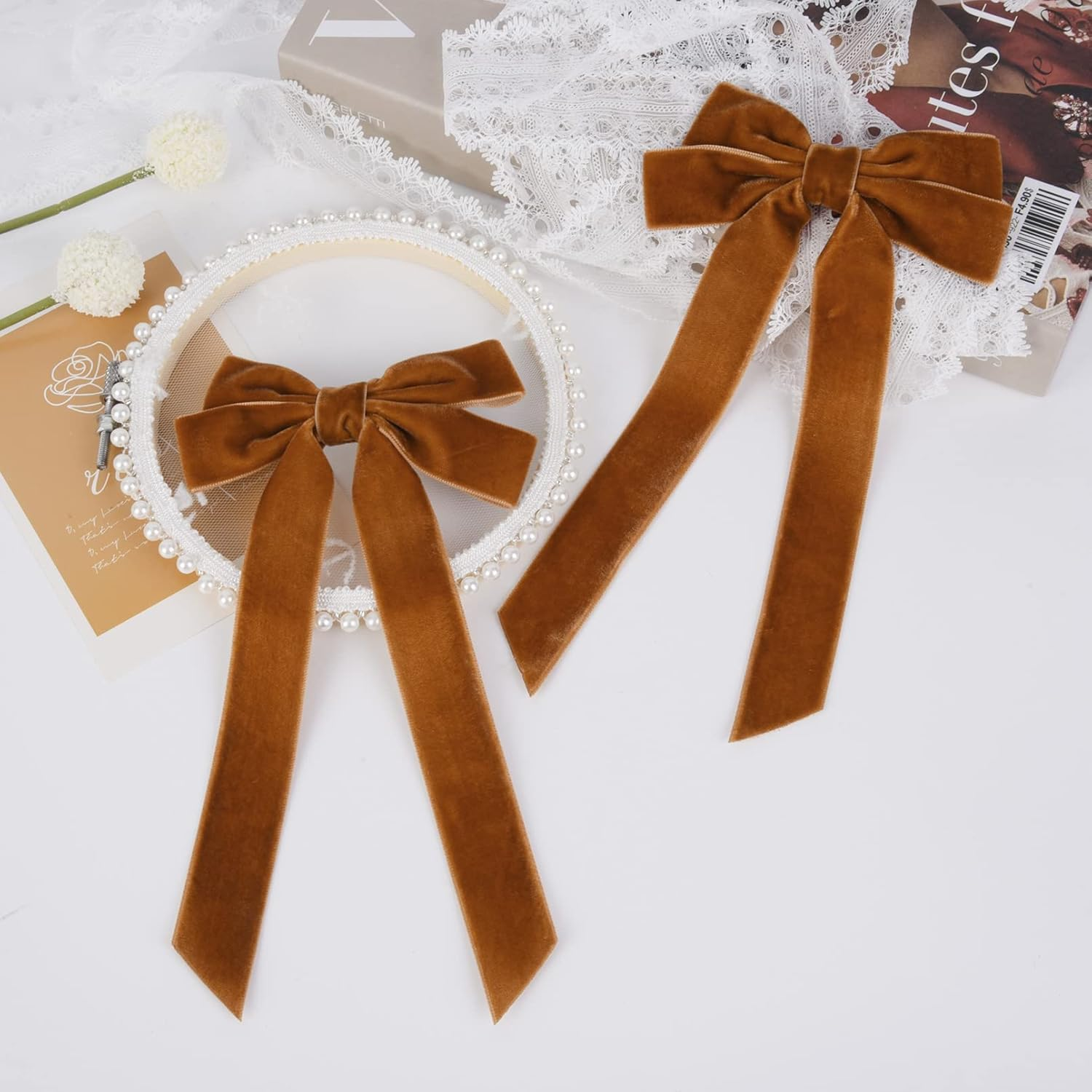 Velvet Hair Bow, Pack of 2 Exquisite Hair Clips with Bow, Velvet Hair Bows Elegant Hair Accessories Bow for Girls Women Everyday Party Wedding Hair Accessories (Brown) image number 3
