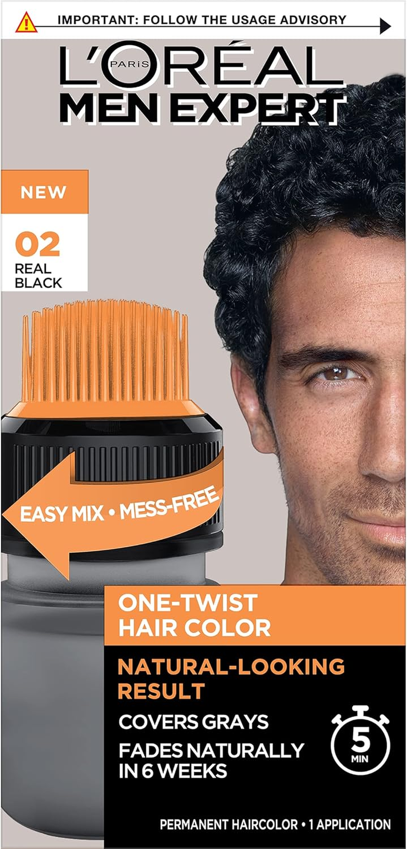 L&rsquo;Oreal Paris Men Expert One Twist Mess Free Permanent Hair Color, Mens Hair Dye to Cover Grays, Easy Mix Ammonia Free Application, Real Black 02, 1 Application Kit