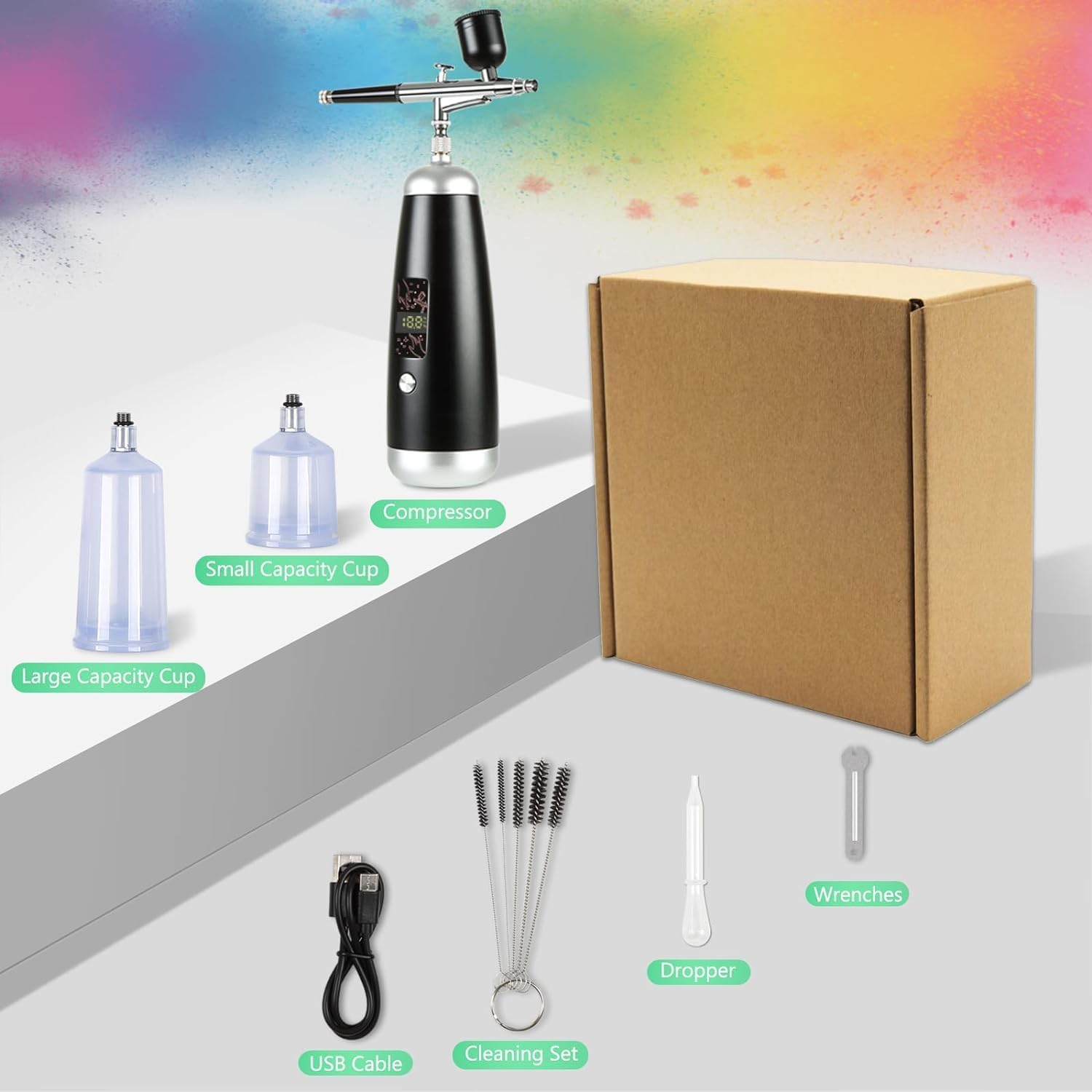 Airbrush Kit 36PSI with Compressor Portable Cordless 2600Mah Rechargeable Paint Spray Pen Set for Multi-Purpose Kit like Makeup, Cake Decoration, Coloring Patterns, Nail Art, Tattoo