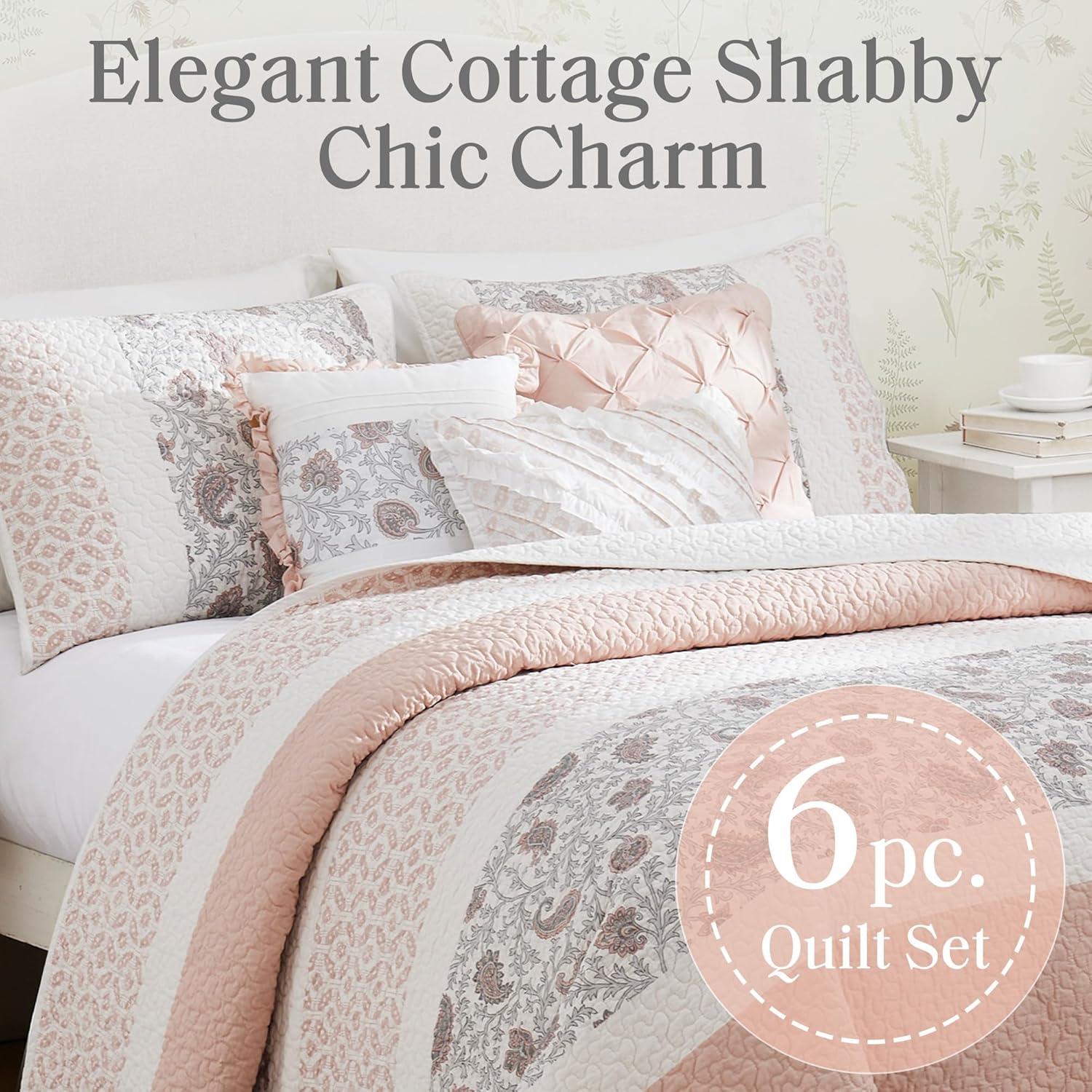 Madison Park Dawn 100% Cotton Quilt Set Floral Print, Double Sided Stitching, All Season, Lightweight Coverlet Bedding Layer, Matching Shams, King/Cal King, Blush 6 Piece image number 3