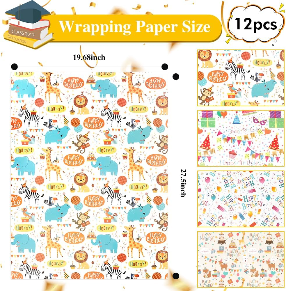 Rugwioyu Gift Wrapping Paper Happy Birthday 12 Sheets 20X27In 4 Style Funny Wrapping Paper Gift Girls Boys Wrapping Supplies image number 1