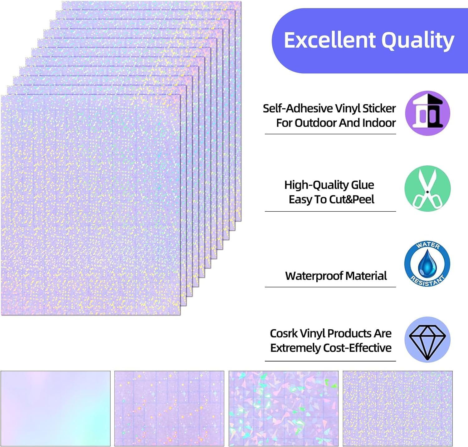 36 Sheets Holographic Sticker Paper, Transparent Holographic Vinyl Laminate Film, Clear Overlay Lamination Sticker Paper Self Adhesive Waterproof - Gem, Dot, Colorful, Star Patterns/8.5X11 Inch