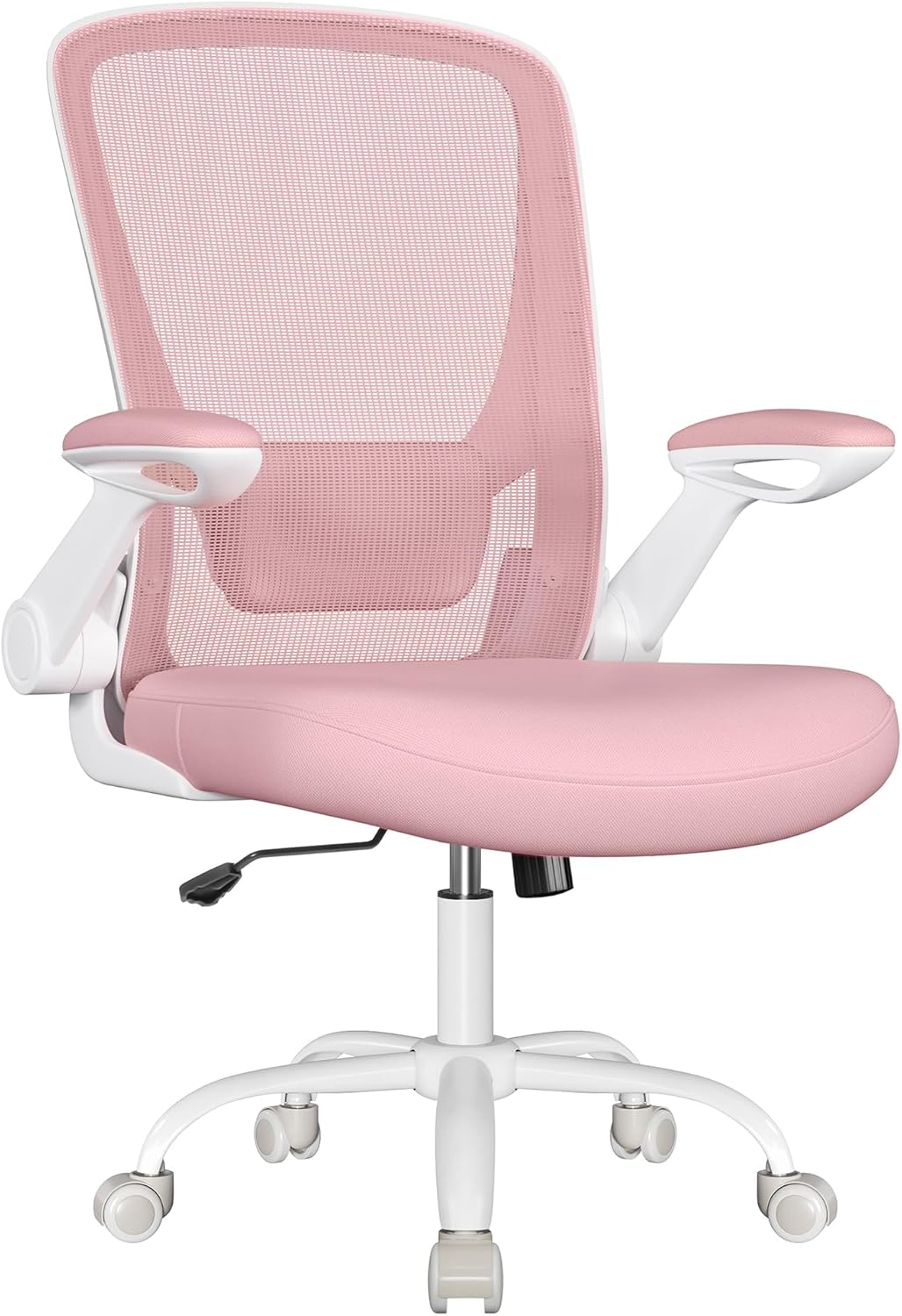 SONGMICS Ergonomic Fabric Office Chair, Padded Lumbar Support, Tilting Mechanism, Wide Seat 53Cm, Folding Armrests, Candy Pink, OBN037R01
