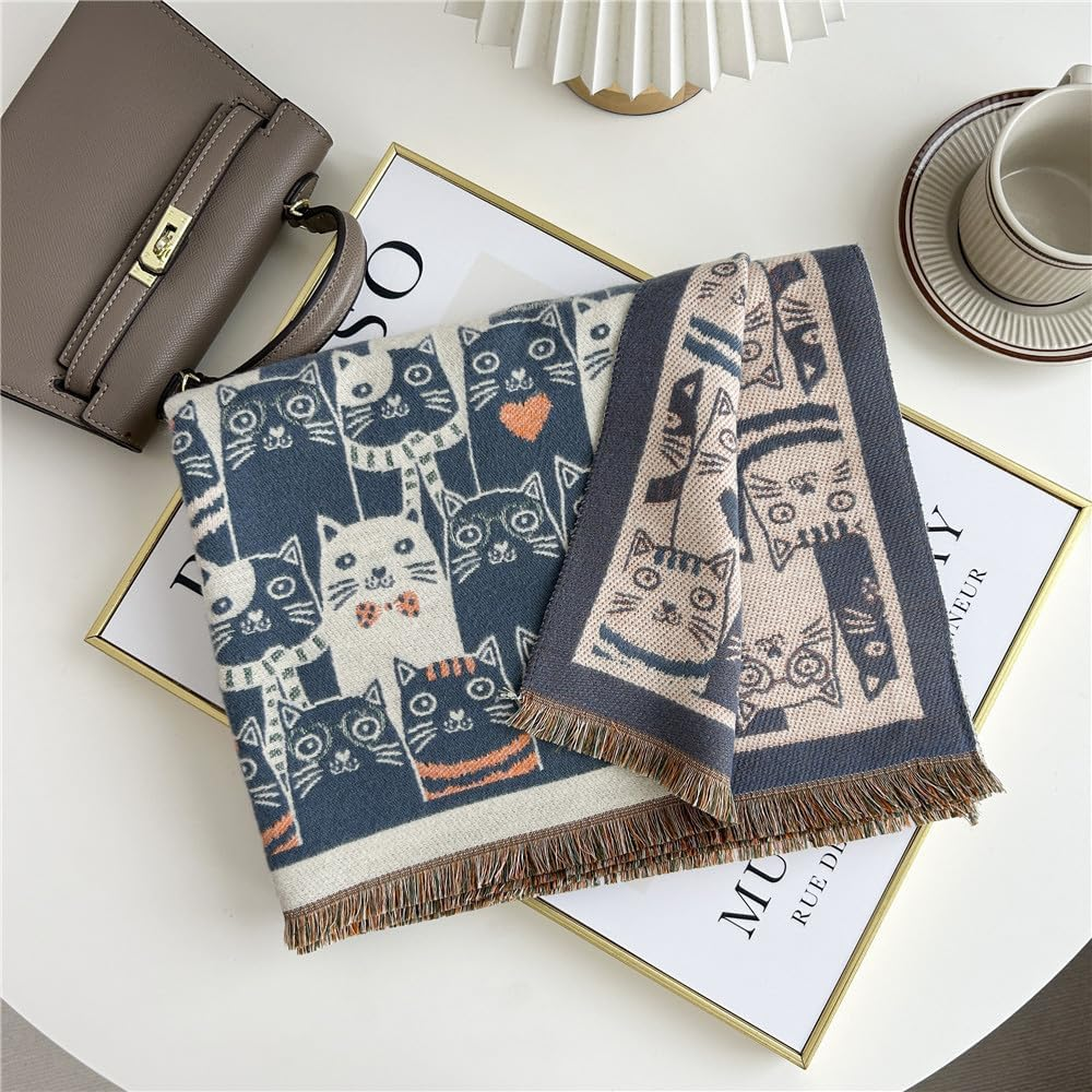 Women'S Fringed Scarf Cat Print Pattern Cape Winter Cashmere Feel Shawl Warm Wrap