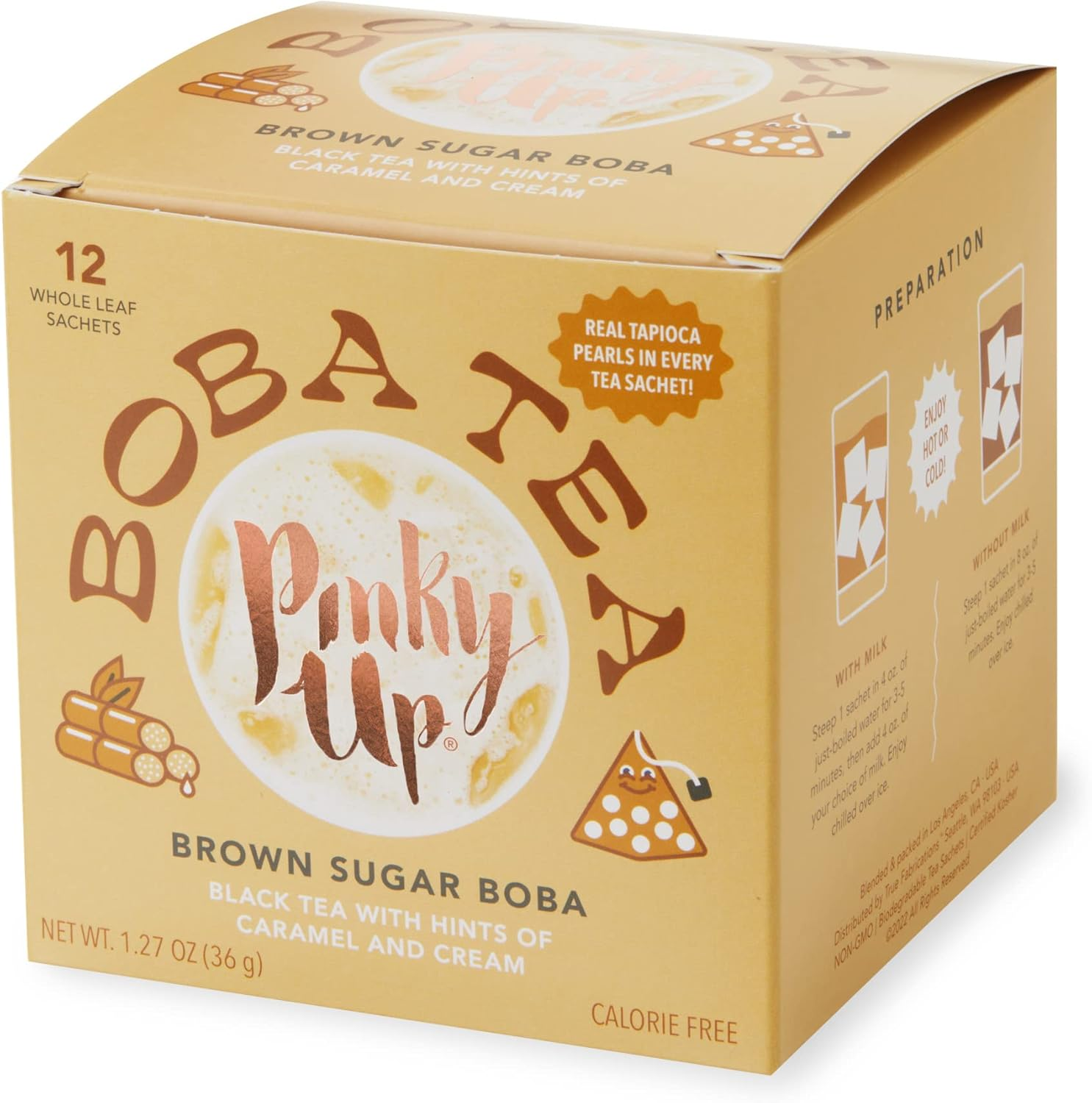 Pinky up Brown Sugar Boba Tea Sachets - Calorie Free Whole Leaf Black Tea Bubble Tea - Boba Gift 12 Biodegradable Tea Bags image number 2