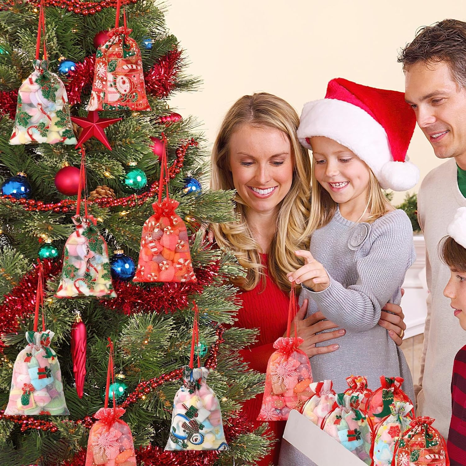 Christmas Organza Bags， 4X6 in Christmas Pouches for Wedding Favor Bags Valentine'S Day Christmas Birthday Easter Party Jewellery Candy Gift Packing image number 5