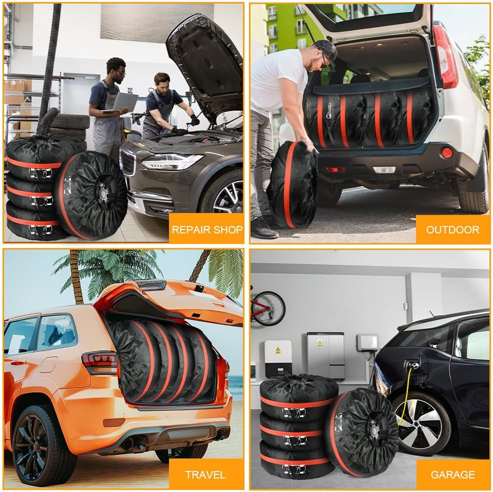 Adiwo Car Spare Tire Covers 4 Pack, 13-18 in Tyre Bag Set, Diameter 66Cm Wheel Protection Cover, Tyre Bags with Handle, Waterproof Dustproof Auto Spare Tires Storage Bags for Car UV SUV Truck, S image number 3