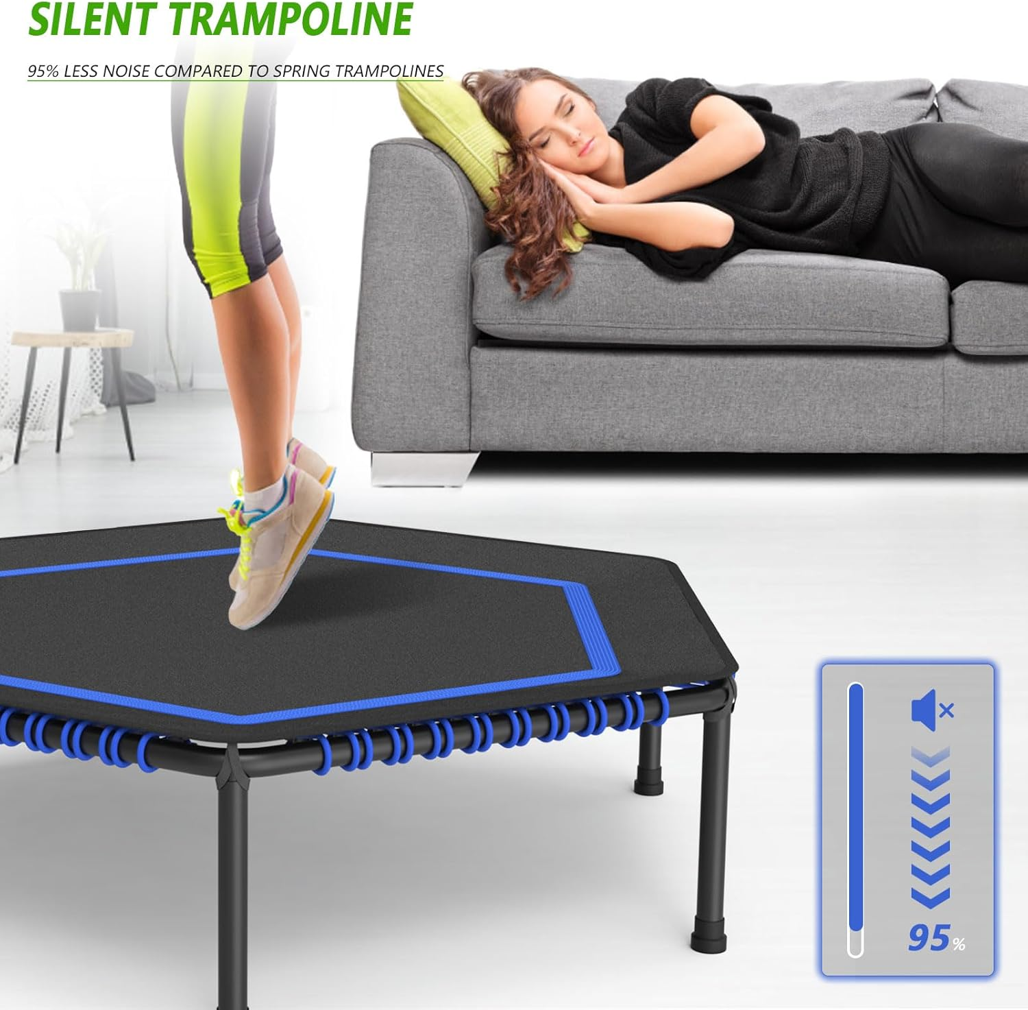 50" Hexagon Rebounder Trampoline for Adults Max Load 330Lbs Fitness Trampoline with 6 Heights Adjustable Handle Bar Silent Trampoline Bungee Rebounder Jumping for Adults with Safety Padded Cover image number 2