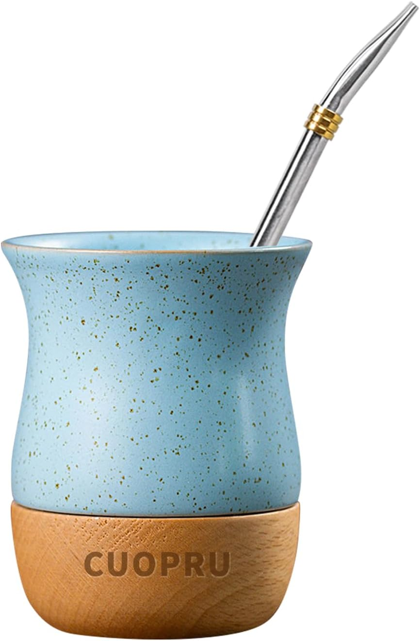 8 OZ Ceramic Yerba Mate Cup with Original Wood Base, Includes Mate Gourd, Bombilla Straw and Cleaning Brush - Perfect for Traditional Yerba Mate and Modern Style Drinking Mug (Blue)
