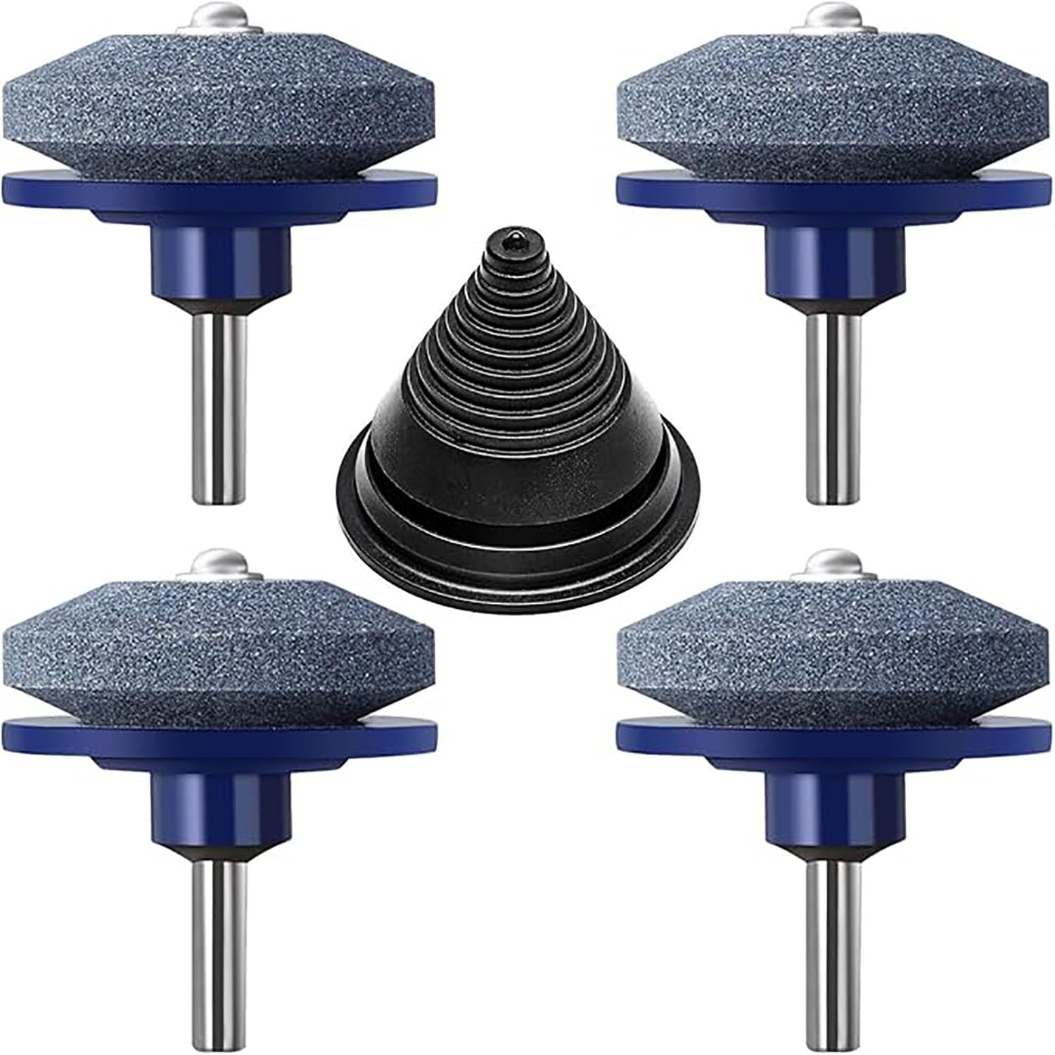 4 PCS Lawn Mower Blade Sharpener with 1 Pcs Balancer, Universal Multi-Sharp Rotary Lawnmower Sharpen for Power Drill Hand Drill and Lawn Mower Blade Balancer, Mower Sharpening Stone Wheel Kit image number 4