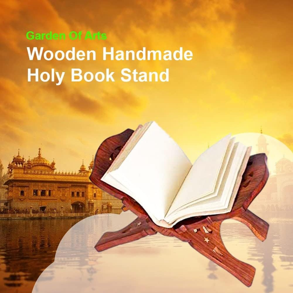 Garden of Arts Wooden Handmade Quran Geeta Bible Holder Support Stand Reading Book Holder Display Folding Religious Prayer Stand Wooden Holy Book Stand Medium Size 15 Inches Large Big Size