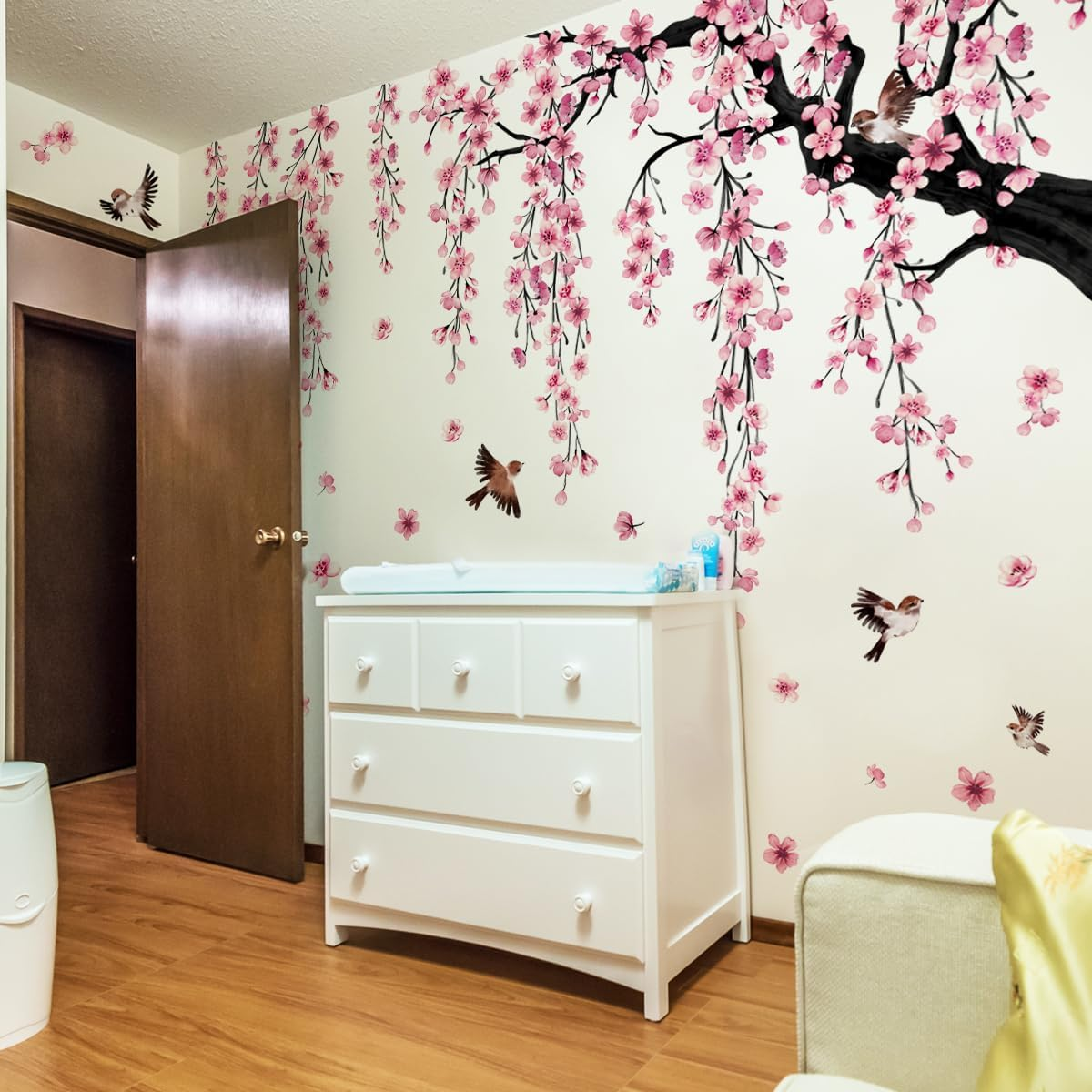 Runtoo Large Cherry Blossom Tree Wall Decals Peel and Stick Pink Floral Wall Art Stickers for Living Room Bedroom Nursery Flower Decor image number 3