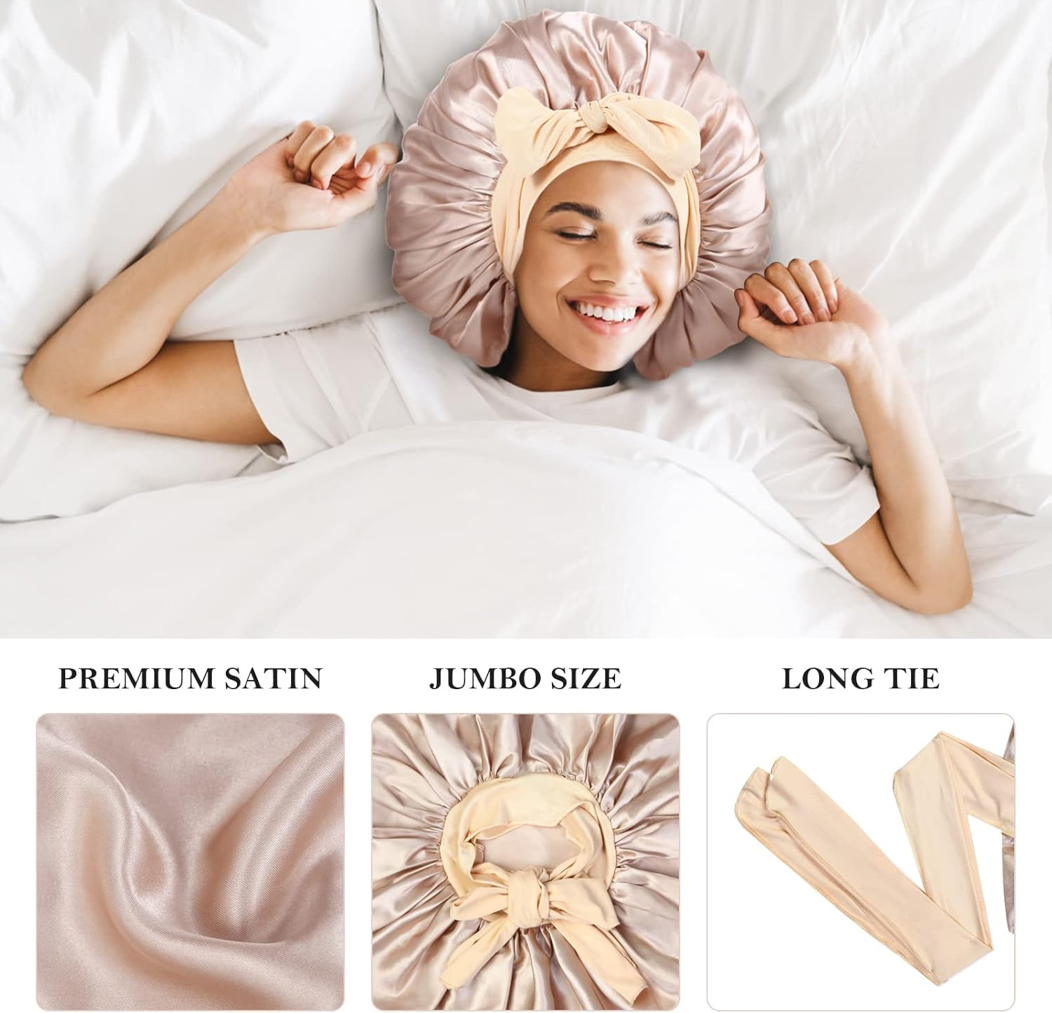 3Pcs Bonnet Silk Bonnet for Sleeping, Satin Bonnet for Sleeping Extra Large Hair Bonnets for Sleeping Shower Cap - A01-Black/Leopard/ Rose Pink image number 5