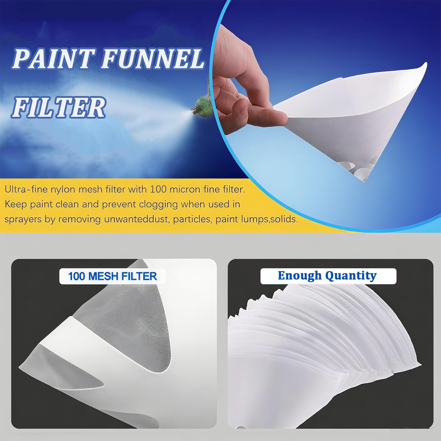 Xinghonyac 100 Pcs Disposable Paint Filters with 1 Pcs Silicone Funnel, Paint Paper Strainers with Fine Nylon Mesh, Suitable for Cars, Spray Guns, Arts and Crafts image number 6