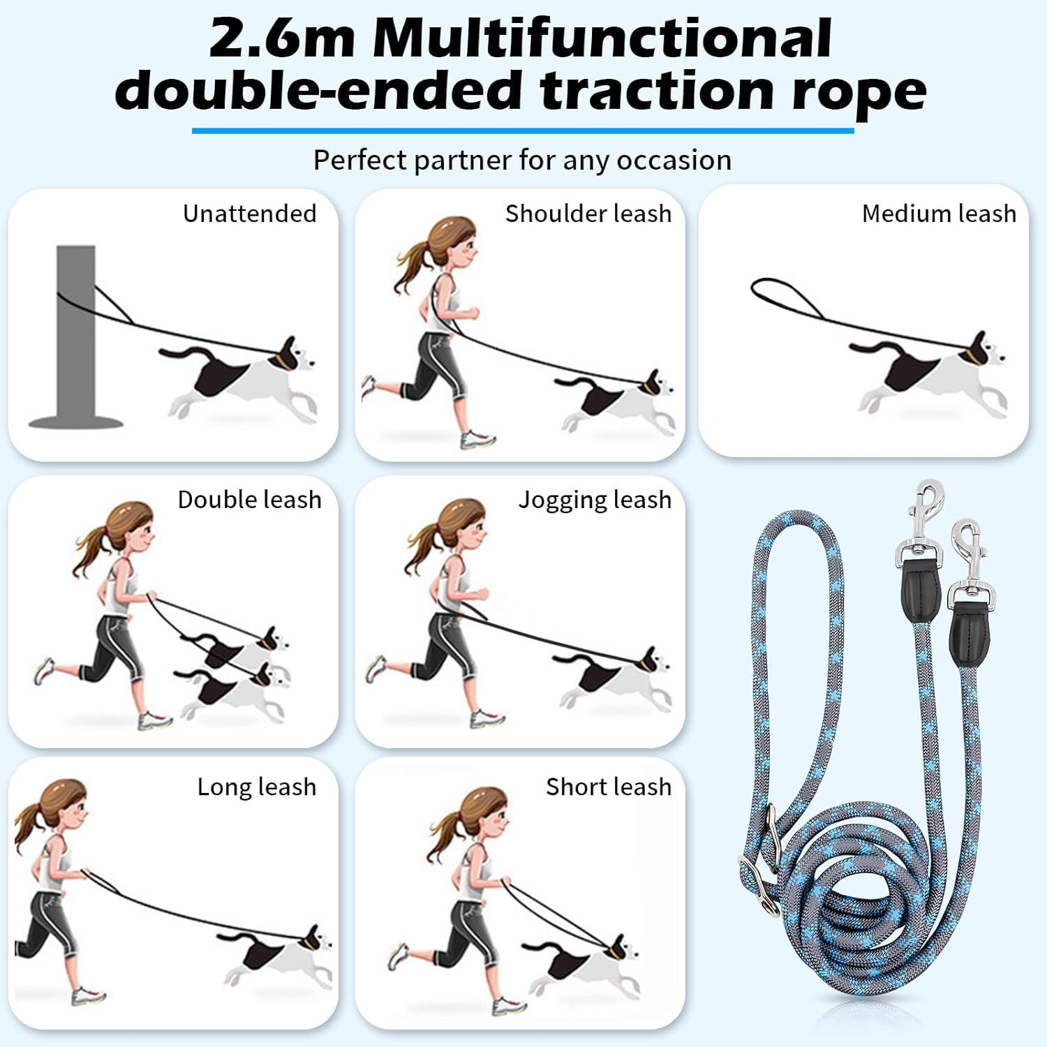 Multifunctional Dog Lead Hands-Free Dog Lead Strong Dog Training Lead 2.6 M Adjustable Dog Lead Double Lead Reflective Nylon Lead Pet Dog Lead for Walking, Running, Training image number 4