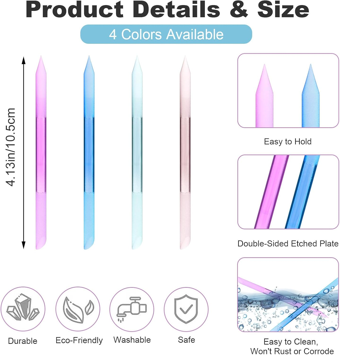 4PCS Glass Cuticle Pusher Tool, Dual-Ended Manicure Stick, Crystal Glass Nail File Women Professional Precision Filing Cuticle Remover Tools for Natural Nails & Cuticles Care (Purple Green Blue Pink) image number 6