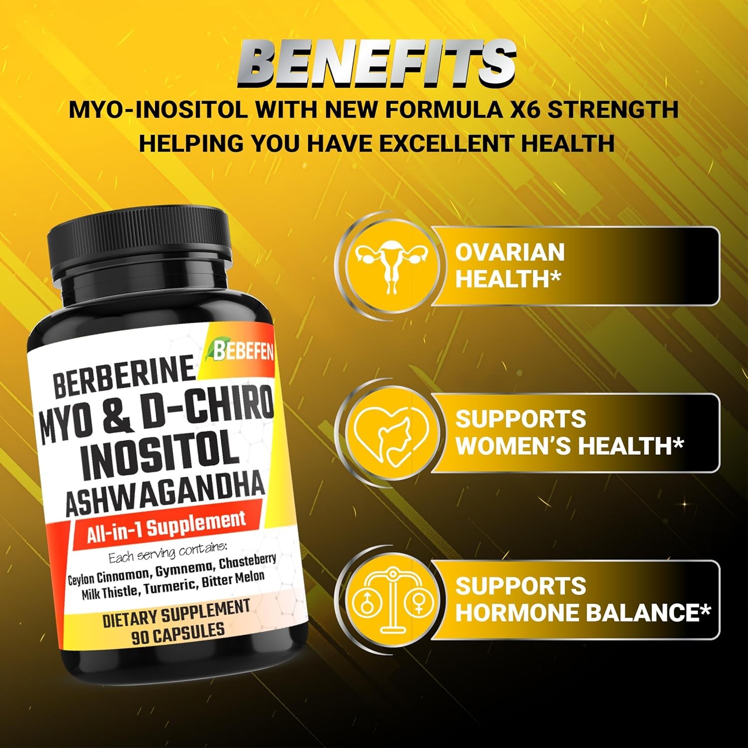 BEBEFEN Myo-Inositol & D-Chiro Inositol Capsules with Ashwagandha, Berberine, Cinnamon, Gymnema, Chasteberry, Milk Thistle, Turmeric, Bitter Melon - 90 Capsules image number 3
