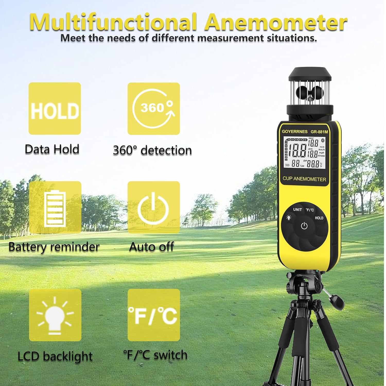 Handheld Cup Anemometer with Compass, 93MPH Digital Wind Speed Meter, CFM Air Flow Wind Velocity Measuring Device Gauges for Outdoor Sailing Surfing Drone Flying HVAC - Yellow image number 2