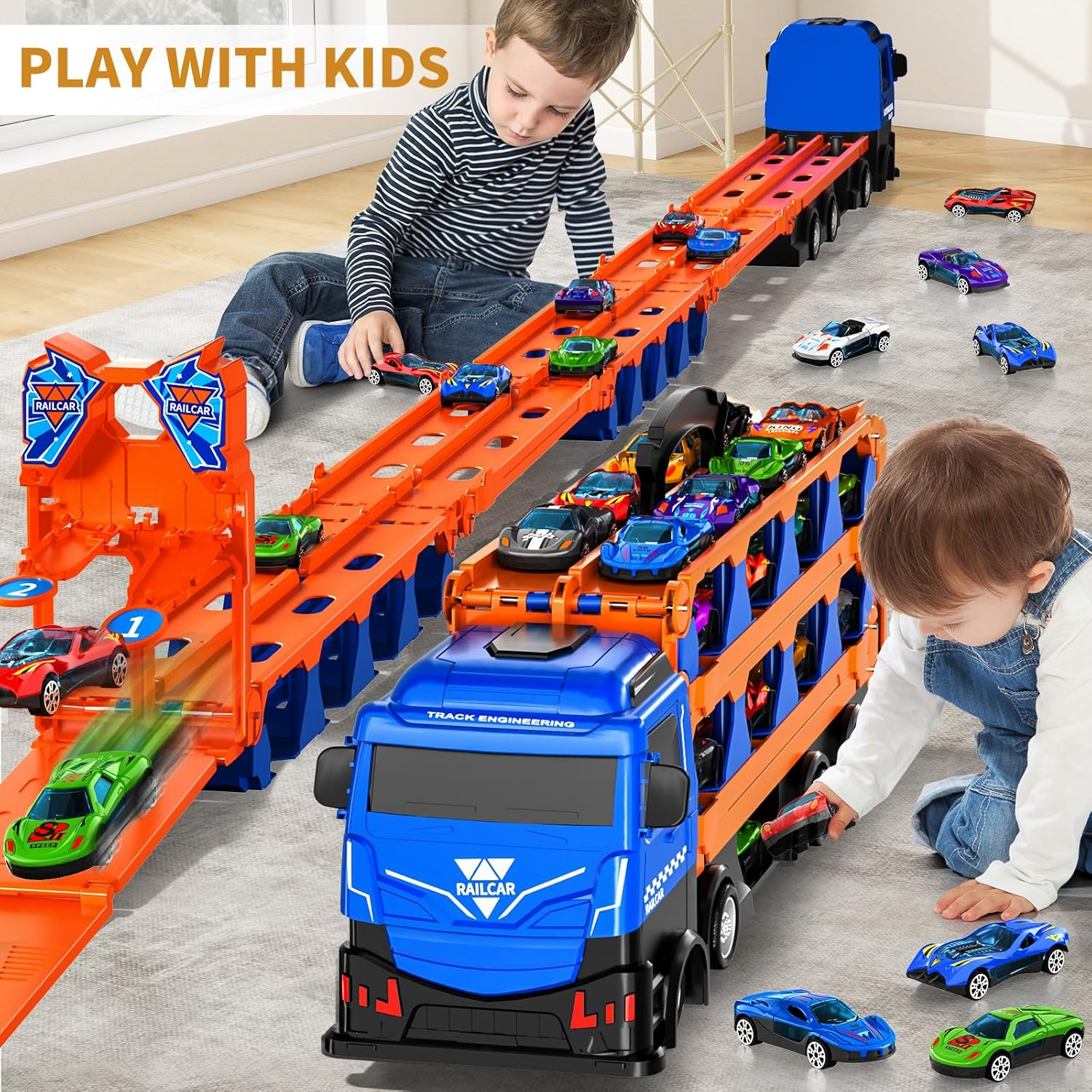 MSKOLER 78.7-Inch Race Cars Track Truck Toys for Boys 2 3 4 5 6 7 Years Old - Transport Carrier Trucks, Foldable Track Storage, Die-Cast Cars, for Toddlers & Kids Aged 3-5 - Red Truck Toy image number 7