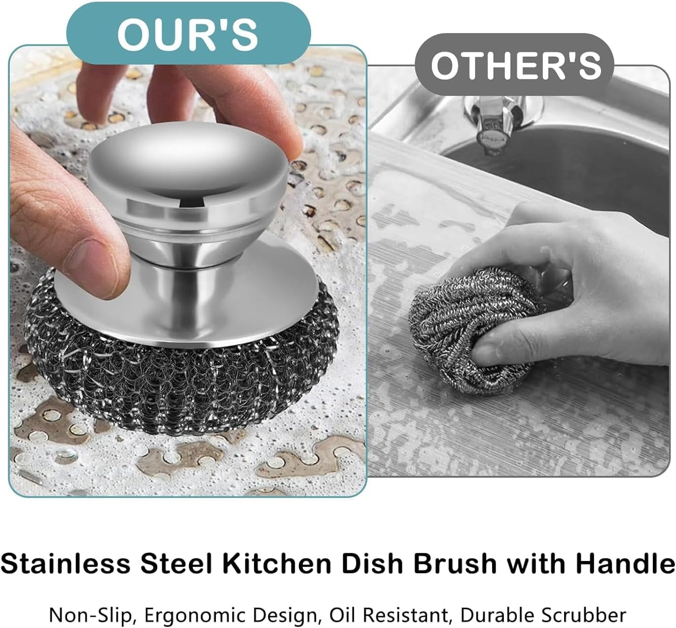 2Pack Stainless Steel Scrubber with 2 Replacement Wire Pads, Steel Wool Scrubber with Stainless Steel Handle, for Cleaning Dishes, Cast Iron, Stock Pots, Pans, Griddles, Grills image number 1