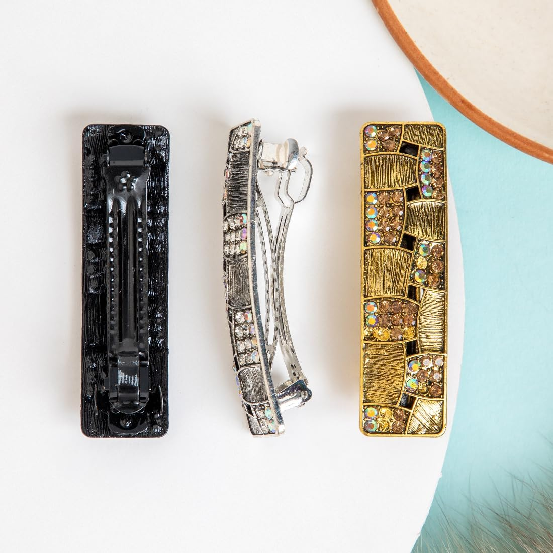 Radhu & Kabby Metal Barrette Hair Clip for Women | Stylish French Hair Barrettes for Girls | Durable Hair Clips | Matte Black Colour with Crystal Embellishments | One Piece image number 5