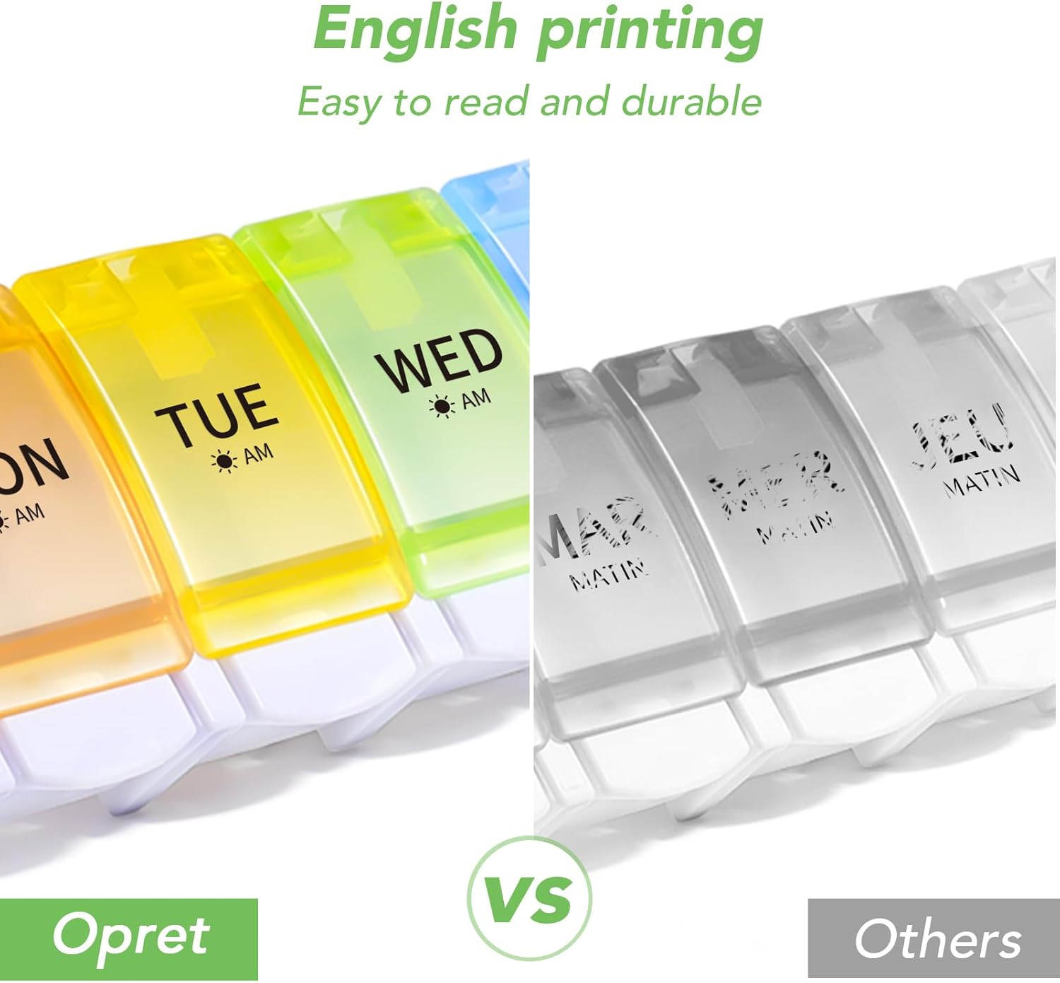 Opret Large Pill Organiser Box 7 Day 2 Times a Day, AM PM Weekly Tablet Organiser, Unique Push Button Open with 14 Compartments image number 6