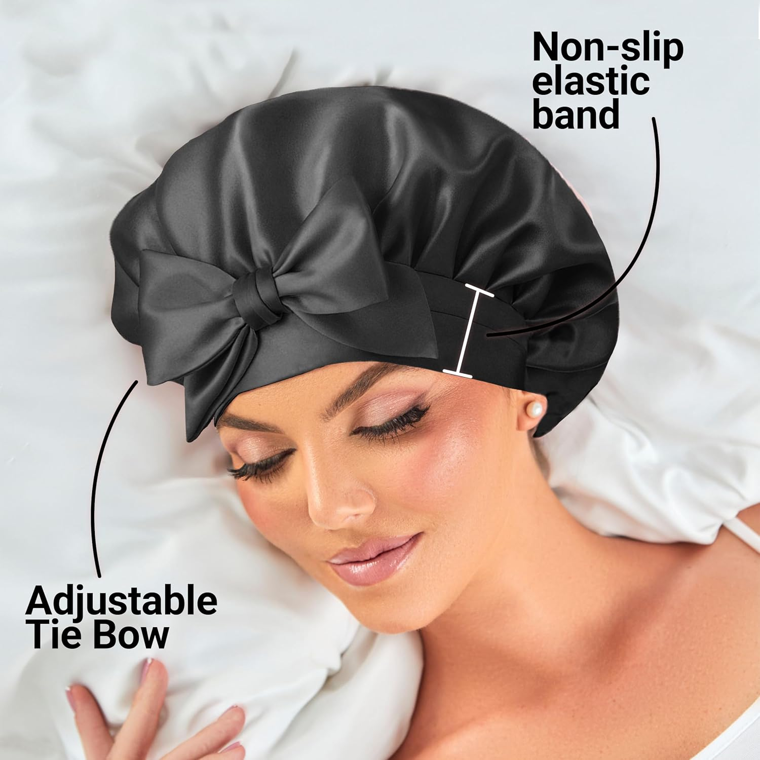 100% Mulberry Silk Bonnet for Sleeping Women &ndash; Made from Real, Pure Silk. Adjustable Hair Cap for All Hair Types and Sizes. Stays in Place Throughout the Night (Black)