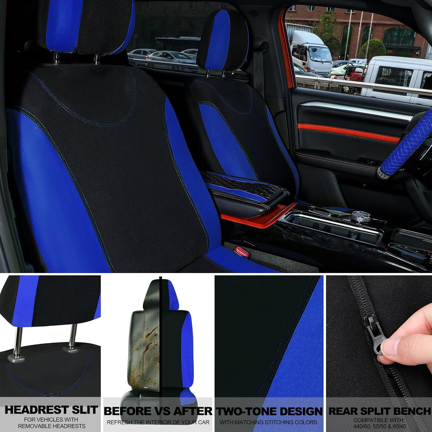 BBTO 43 Pcs Bling Car Accessories Set for Women Front Seats and Rear Bench Polyester Car Seat Protectors Wheel Cover Seat Floor Mats Full Crystal Automotive Interior Decor(Blue, Black) - Lake Blue image number 3