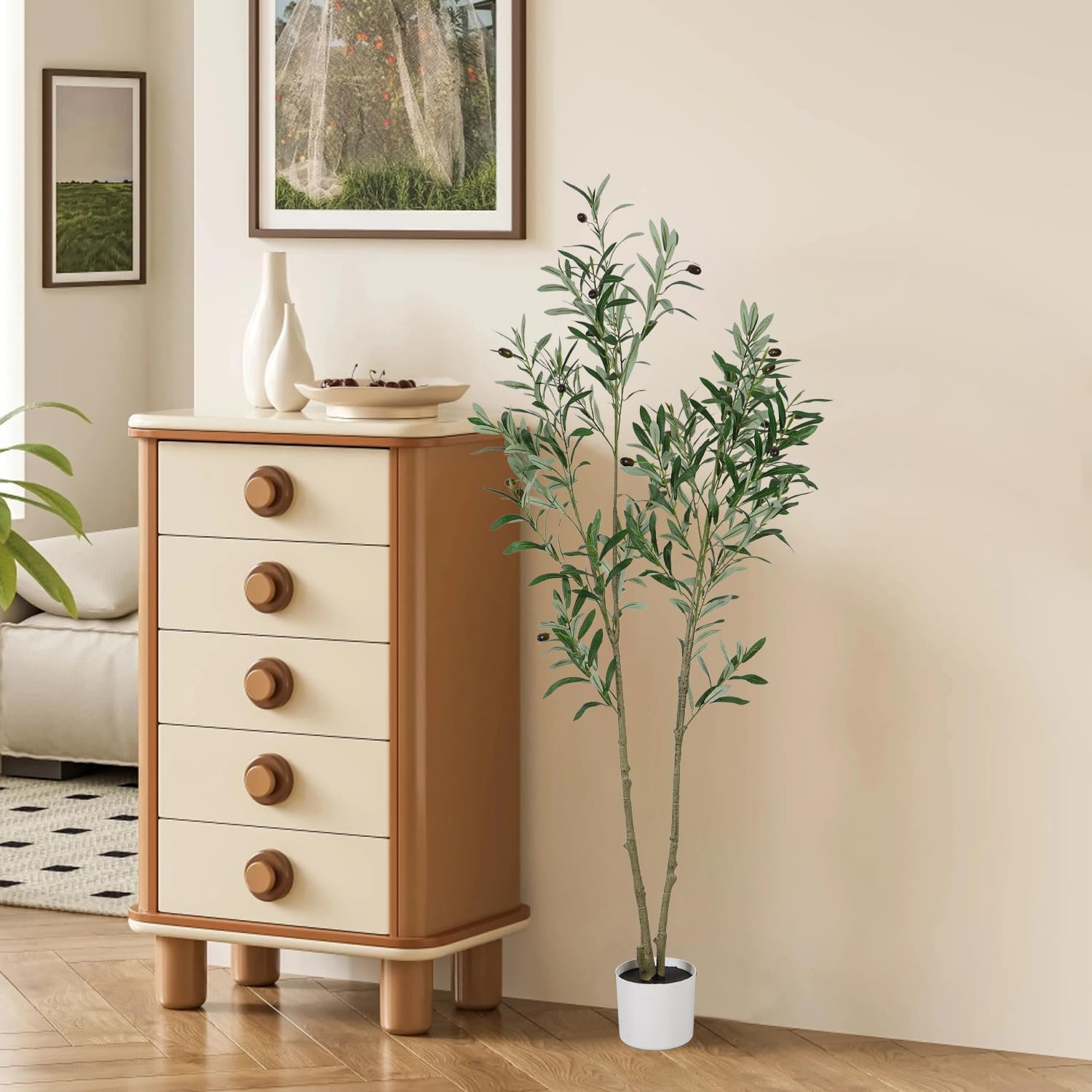 Artigreen 150 Cm Artificial Olive Tree,Double Stemmed Faux Olive Tree Fake Tall Olive with Lifelike Trunks and Fruits for Living Room Bedroom Bathroom Shop Office Room Decor Indoor and Outdoor image number 6
