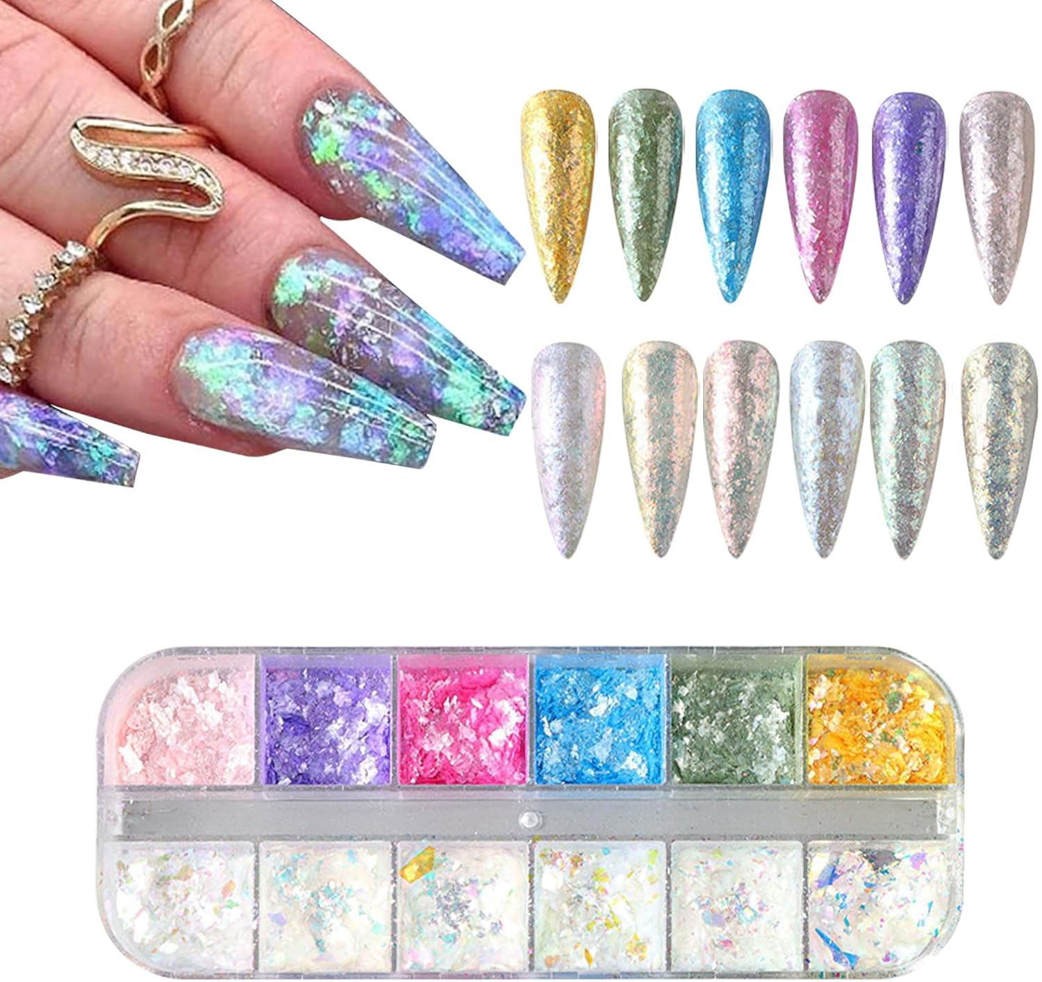 Holographic Nail Glitter,1Boxes 12Grids Nail Flakes Aurora Iridescent Irregular Paillettes,Mermaid Bright Colorful Ice Foil Nail Sequins for DIY Nail Art Decoration Shining Flakes