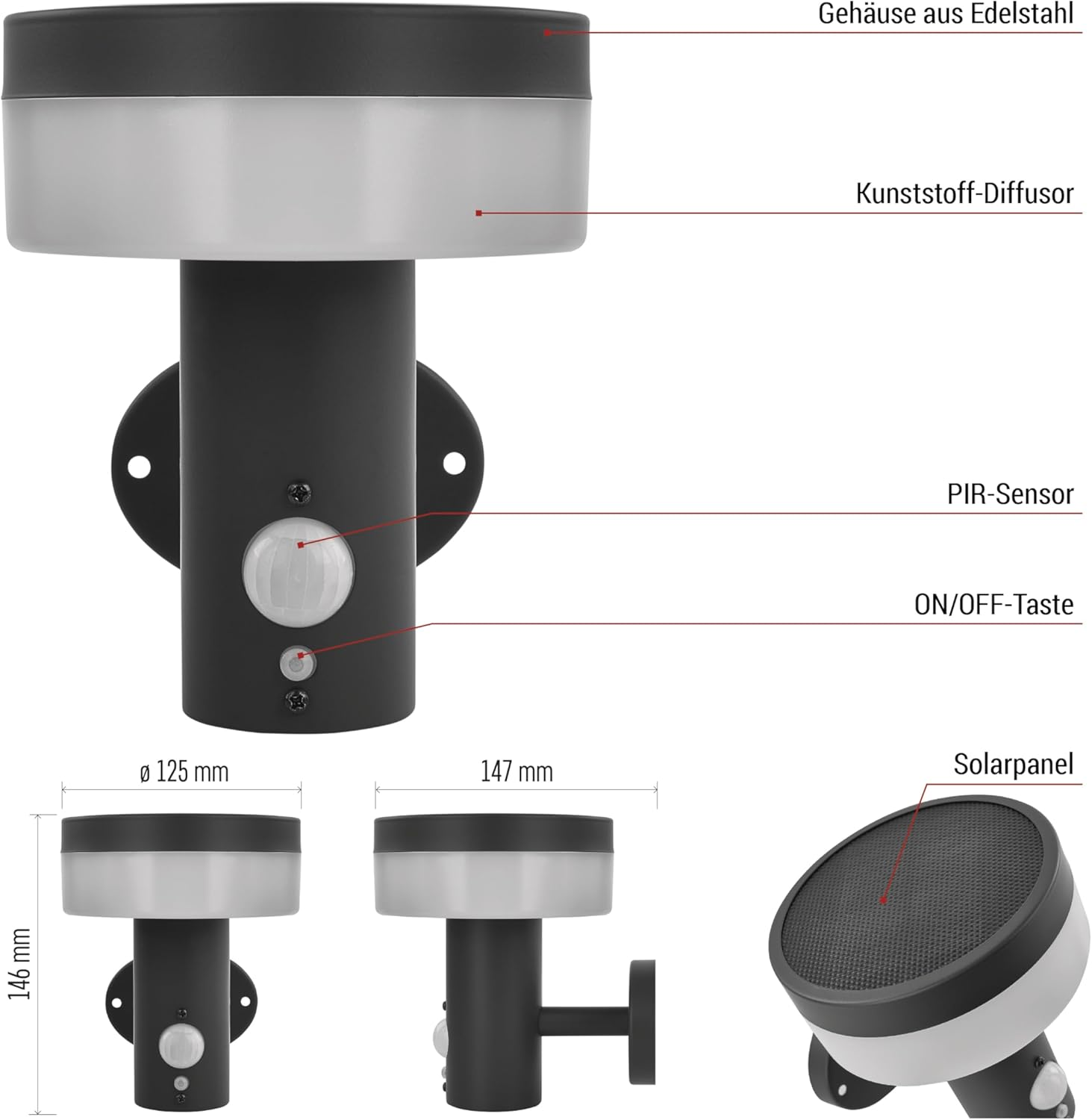 EMOS - TERION Solar LED Wall Light with Motion Sensor for Home and Garden - Waterproof Solar Garden Lighting with Sensor, Brightness 200Lm, Warm White - Stainless Steel Housing for Wall Mounting