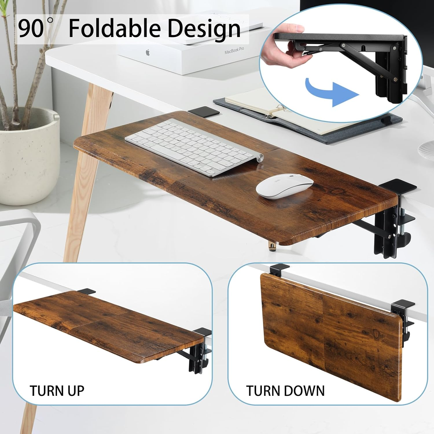 ETHU Ergonomics Desk Extender Tray, Large-Size Foldable Keyboard Tray Clamp On, Table Mount Desk Extender Shelf under Desk Armrest Support for Desk (Wood) image number 5