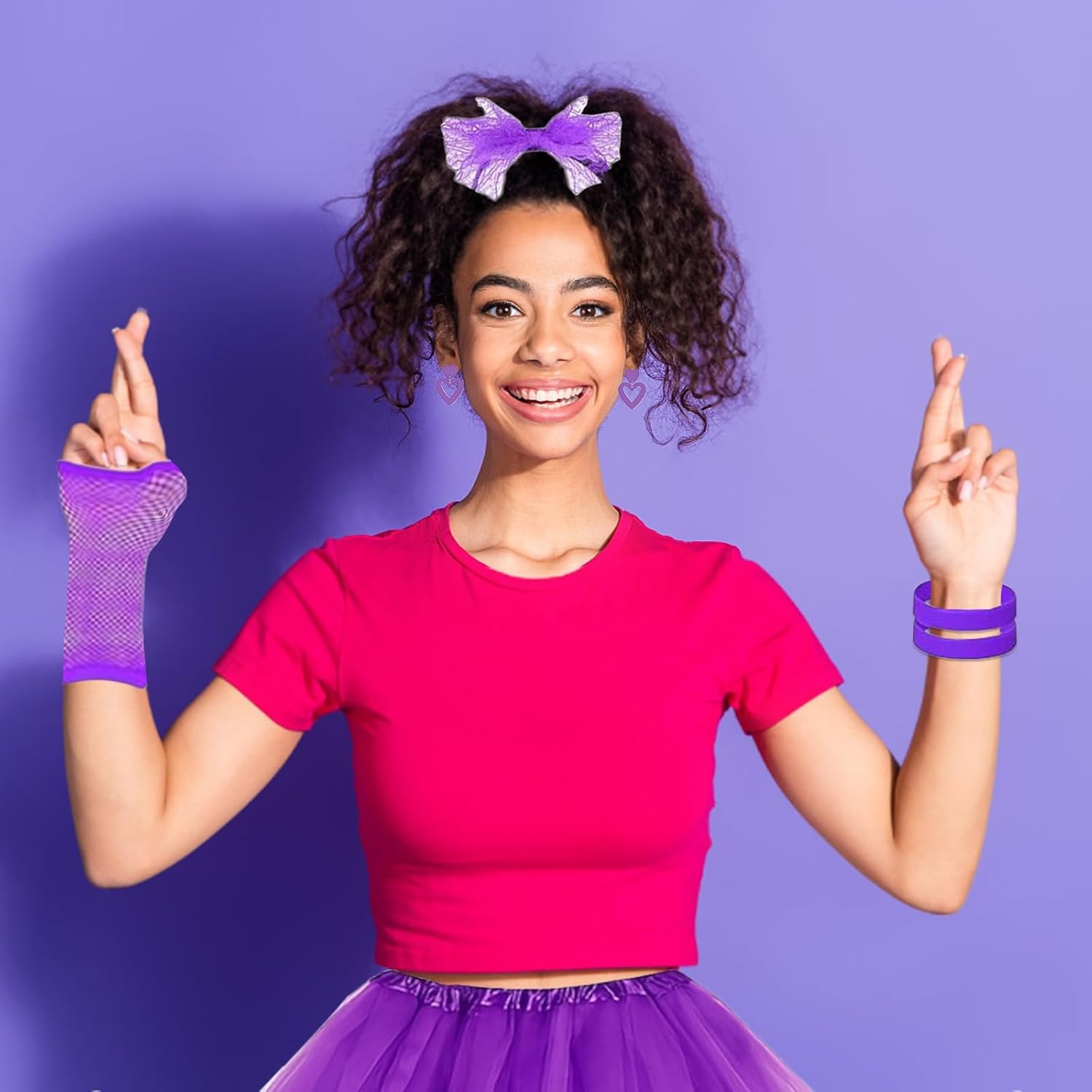 80S Party Decoration Costume Set, 80S Fancy Dress for Women with Leg Warmers,Sunglasses, Tutu Skirt, Earrings, Fishnet Gloves, Necklace, Party Costume Accessories Set for Retro Theme Party image number 4