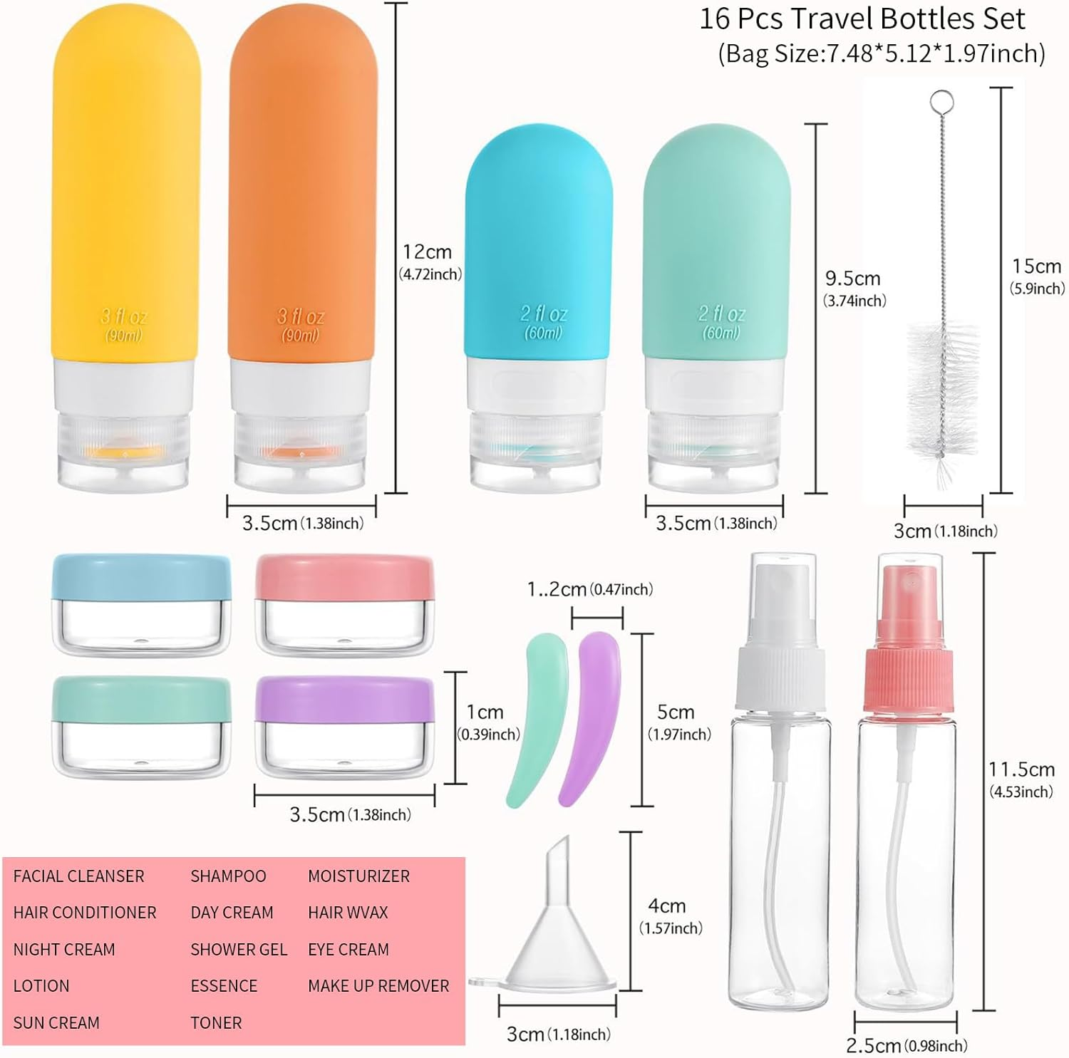 16 Pcs Travel Bottles Set, Leak-Proof Silicone Squeezable Refillable Bottles, TSA Approved, Travel Size, Portable Travel Bottles Containers for Toiletries Conditioner Shampoo Lotion Body Wash (BK) - Bk image number 3
