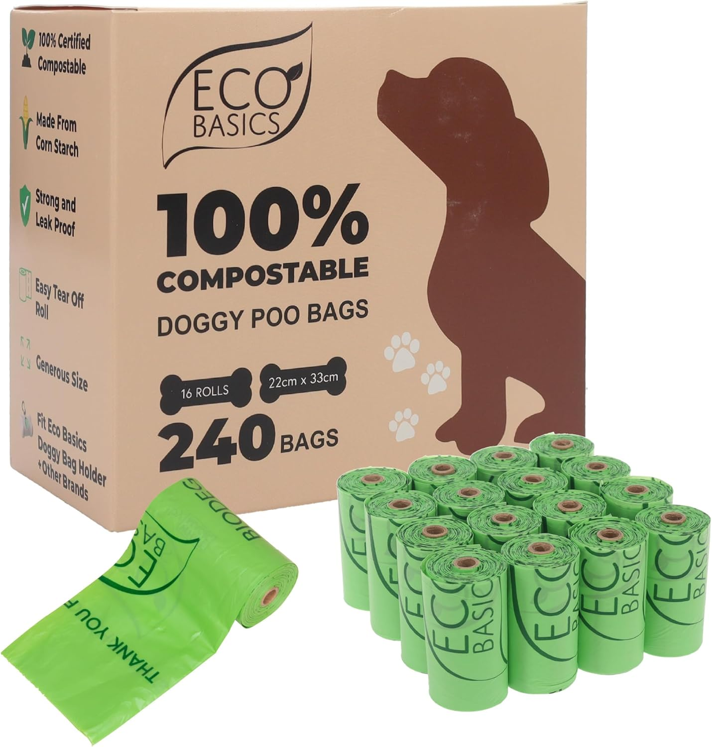 Eco Basics 100% Compostable Dog Poo Bags, 16 Rolls 240 Count, OK Compost Certified Thick Leak Proof Dog Waste Poo Bags 22 X 33 Cm, Unscented Doggy Poop Bag image number 4