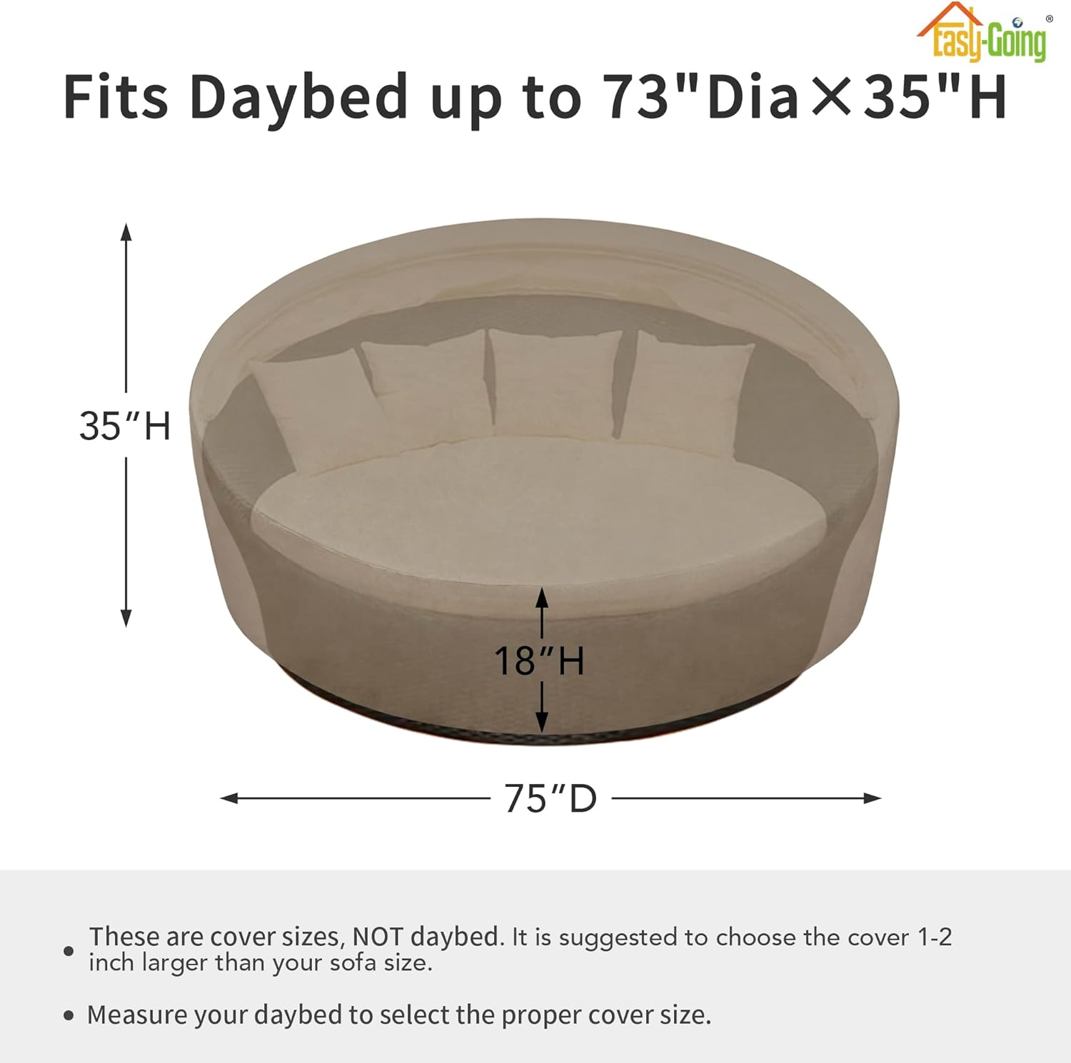 Easy-Going Heavy Duty 600D Outdoor Daybed Cover 75 Inch UV Resistant Patio round Sofa Cover Waterproof Outdoor Canopy Daybed Sofa Cover with Air Vent 75" Dia X 35"/18" H, Camel image number 6