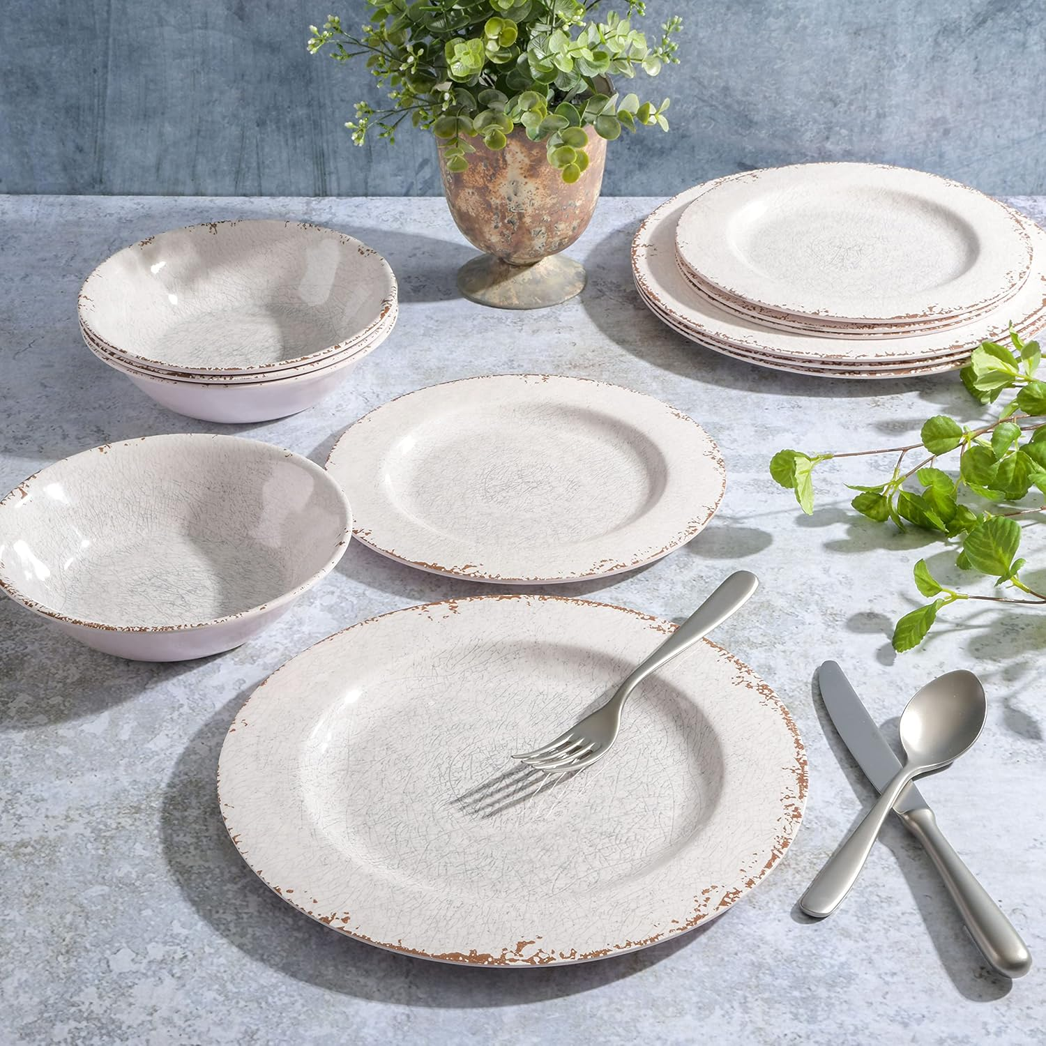Gibson Studio 12 Piece Melamine Mauna Dinnerware Set, Ice Rustic image number 3