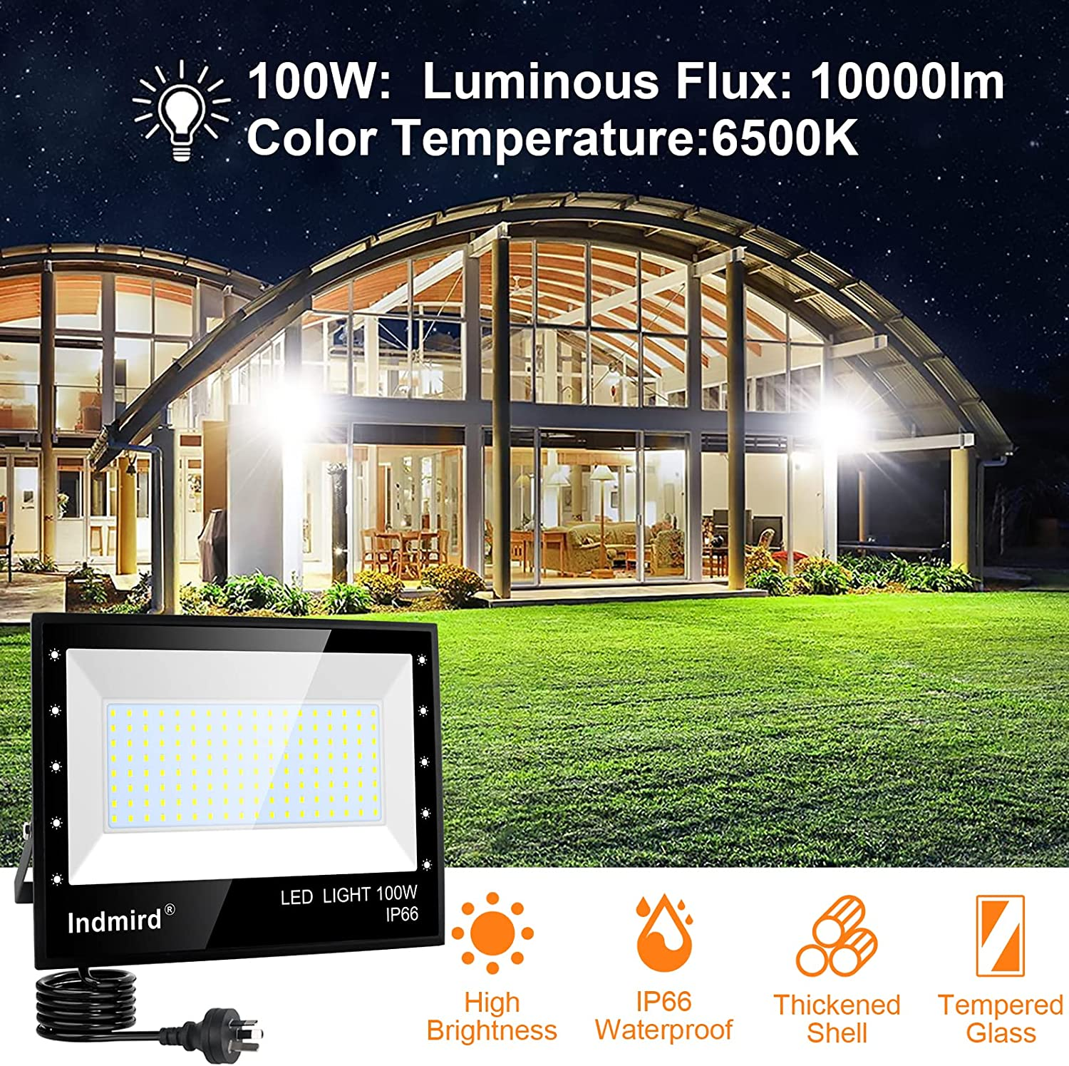 100W LED Flood Light Outdoor, Indmird 10000LM LED Floodlights 6500K Daylight White Security Lights IP66 Waterproof Led Spot Light Led Work Light for Yard,Garage,Garden,Parking Lot, Park,Playground