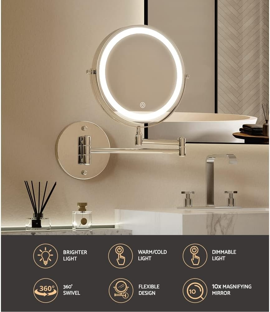 Embellir Extendable Makeup Mirror, Vanity Mirrors Beauty Cosmetic Dressing Bathroom Decor, LED Strip with 10X Magnification Wall-Mounted Lights Dimable image number 5