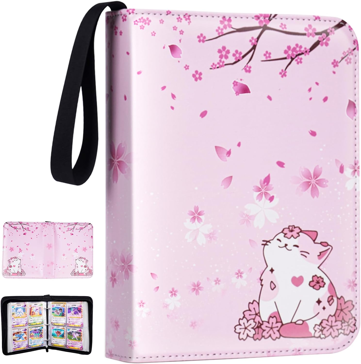 CLOKORIA Card Binder for Girls Gifts,440 Cards Collectible Trading Card Holder Case with 55 Sleeves, 4 Pocket for TCG Game Cards Collection Sports Trading Cards Collector Album (Sakura Cat)