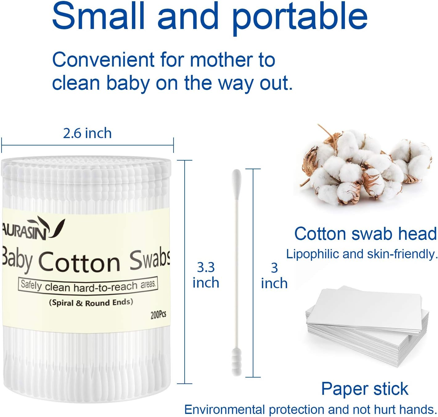 Baby Cotton Swabs, Paper Sticks Cotton Buds for Baby Ear Nose Clean-200Pcs(Spiral & Round) image number 2