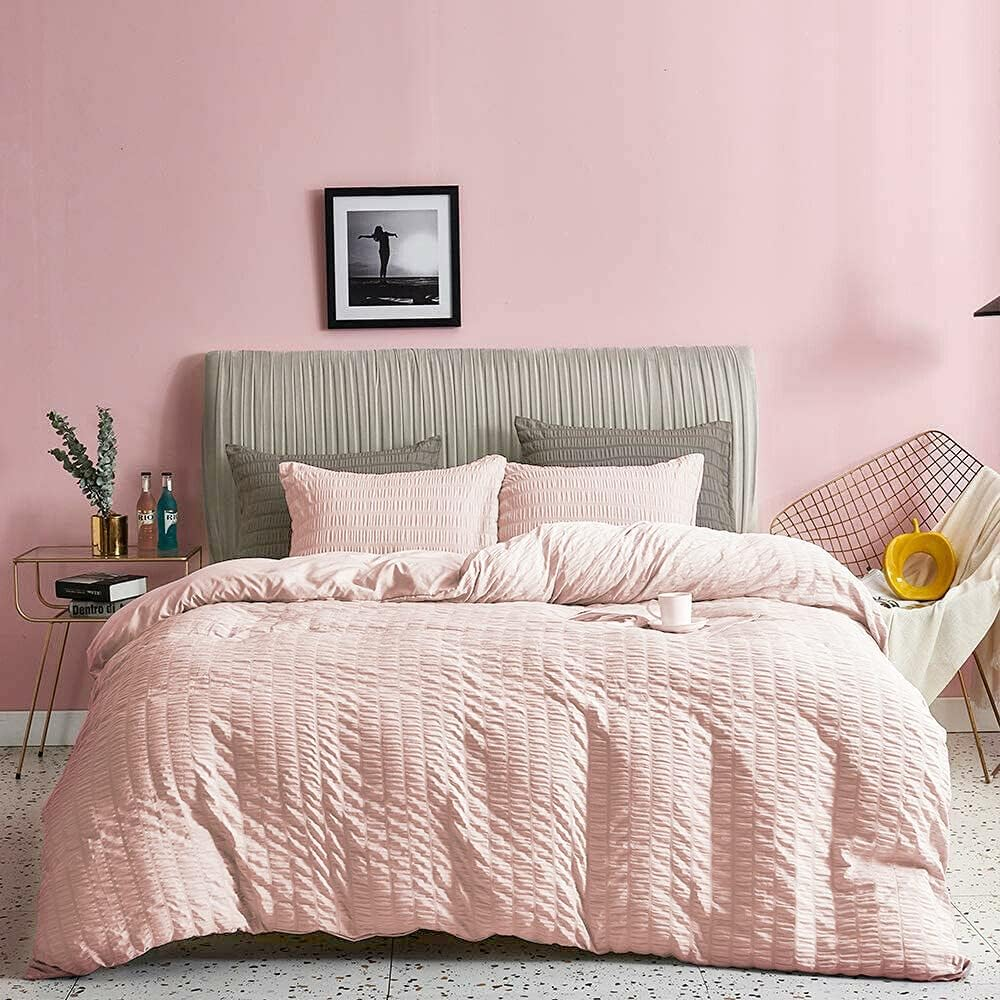 Seersucker Style Striped Quilt Duvet Doona Cover Set Bedding White Grey Pink (Blush Pink, Single)