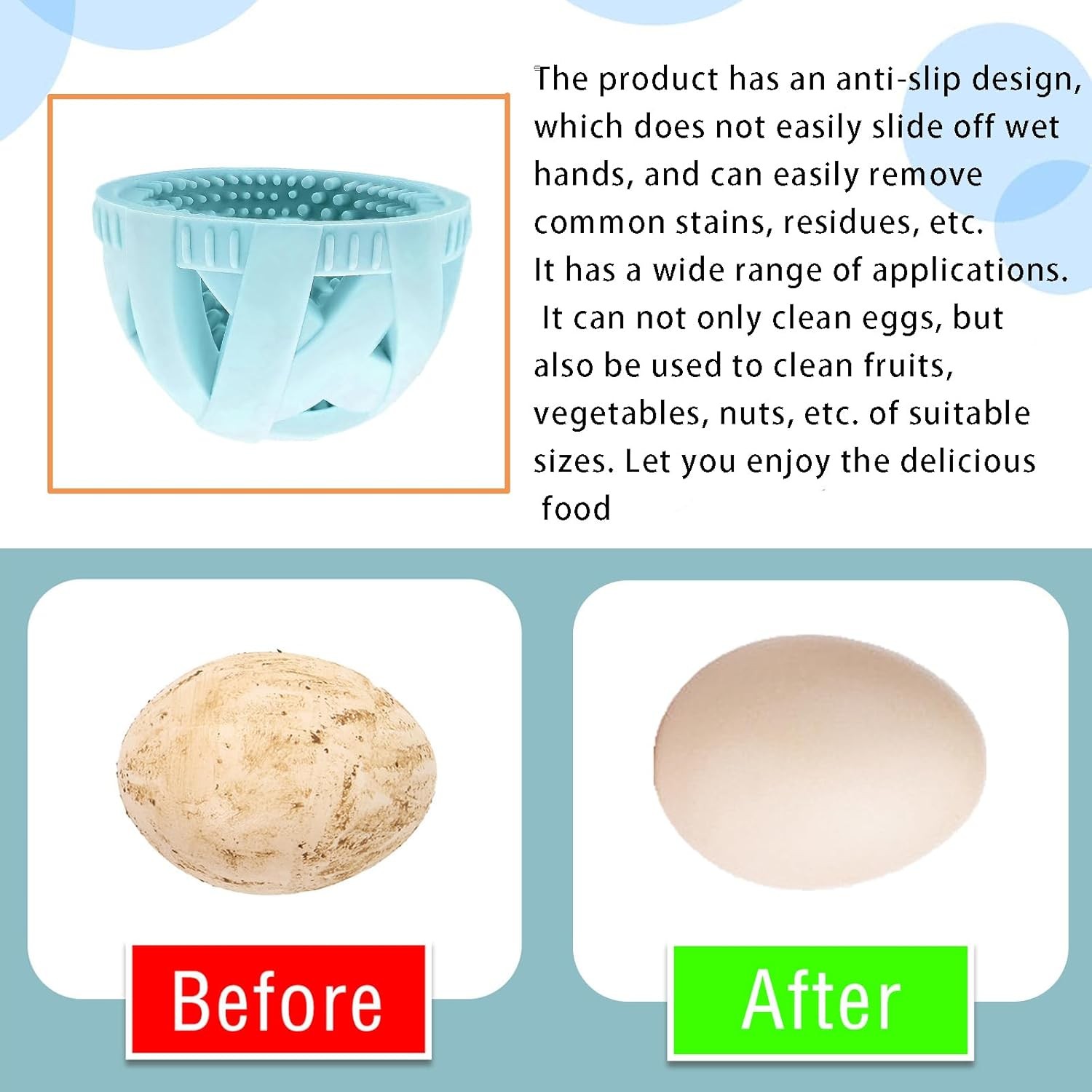 Silicone Egg Cleaning Brush - Reusable Scrubber for Fresh Eggs - Gentle Egg Washer Tool - Effortless Cleaning - Durable and Easy to Use - Blue image number 1