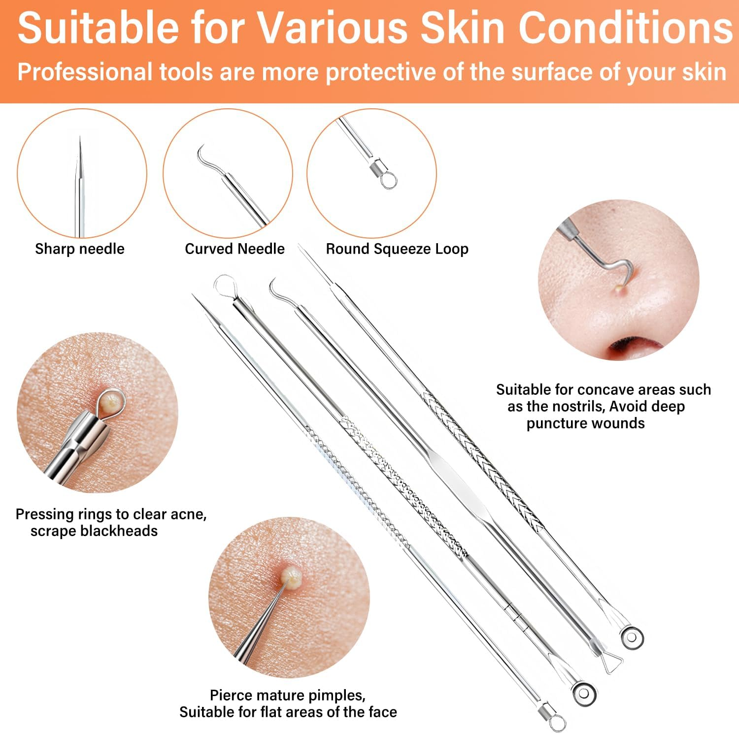 14 PCS Blackhead Remover Comedone Extractor Acne Removals Kits, Pimple Popping Kit, Professional Stainless Steel Pimple Popper Tool Kit, Blackhead Remover Tool on Face with Metal Case image number 2