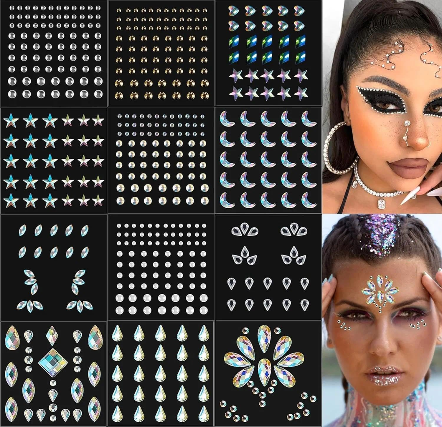 Self Adhesive Face Jewels and Rhinestone Stickers for Festival Makeup, Body Gems with Strong Glue - 12 Sheets Assorted Styles - Jotron image number 5