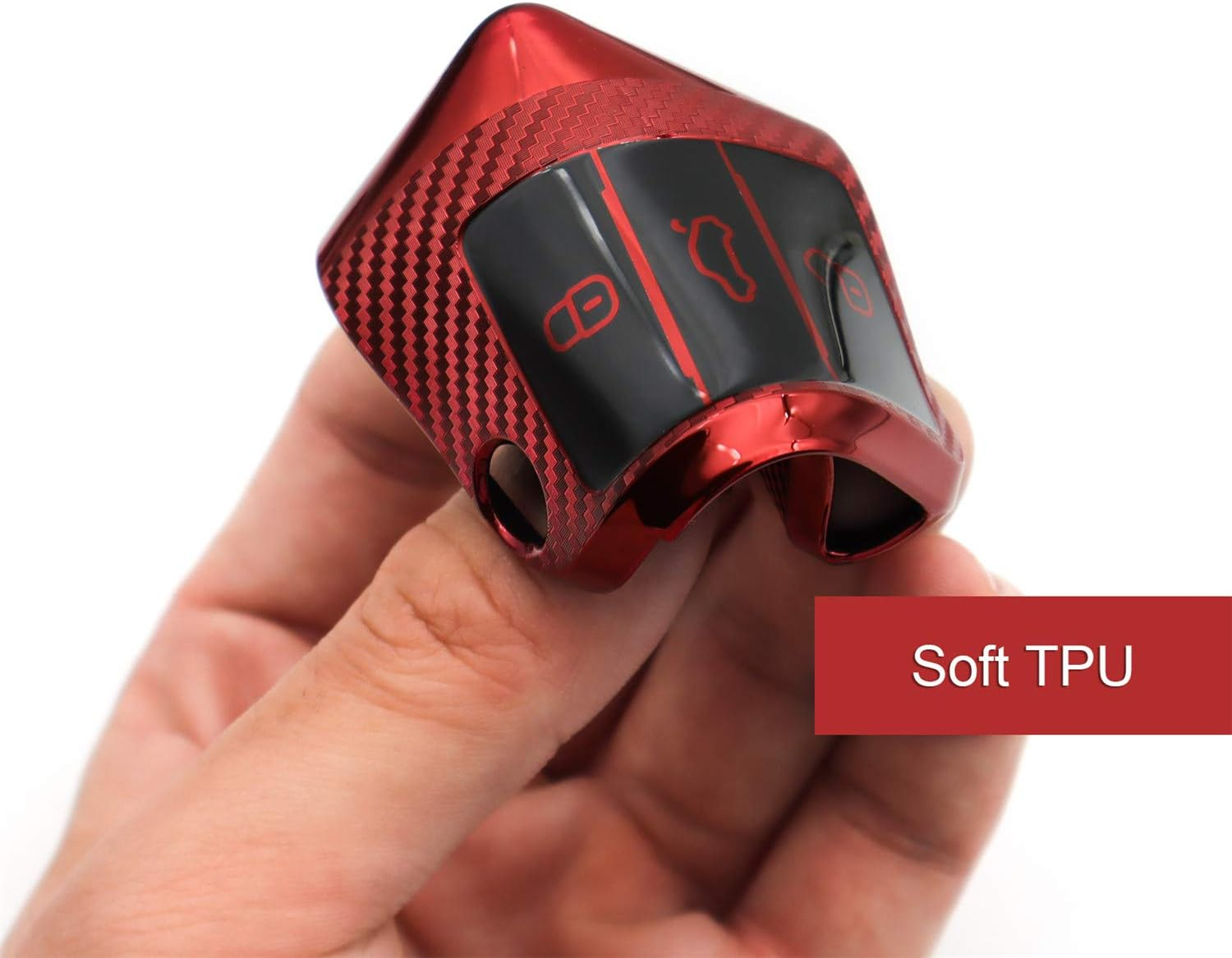 M.Jvisun Soft Carbon Fiber Finish Car Key Fob Cover for Volkswagen Atlas Golf Jetta Polo for Tiguan for Skoda Kodiaq Karoq for Audi A1 for Seat Ateca Leon Flip Key TPU Case with Keychain - Red image number 2