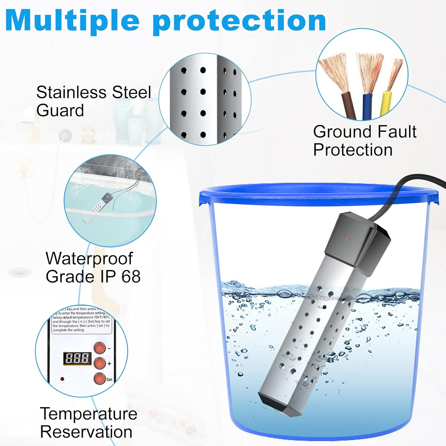 2500W Immersion Water Heater, Cadrim Constant Temperature Model Electric Submersible Water Heater, Stainless Steel Guard Cover and Built in Digital LCD Thermometer, Home Instant Water Heater image number 1