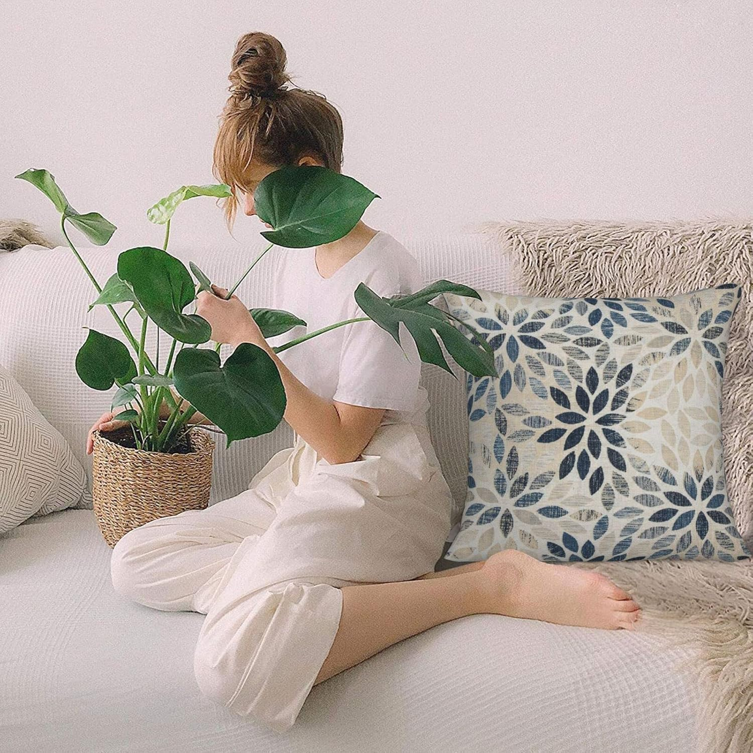 Dahlia Pillow Covers 18X18 Inch Set of 2 Summer Rust Geometric Flower Outdoor Decorative Throw Pillows Farmhouse Navy Blue Pillow Case Linen Square Cushion Cover for Home Sofa Bedroom Living Room image number 3