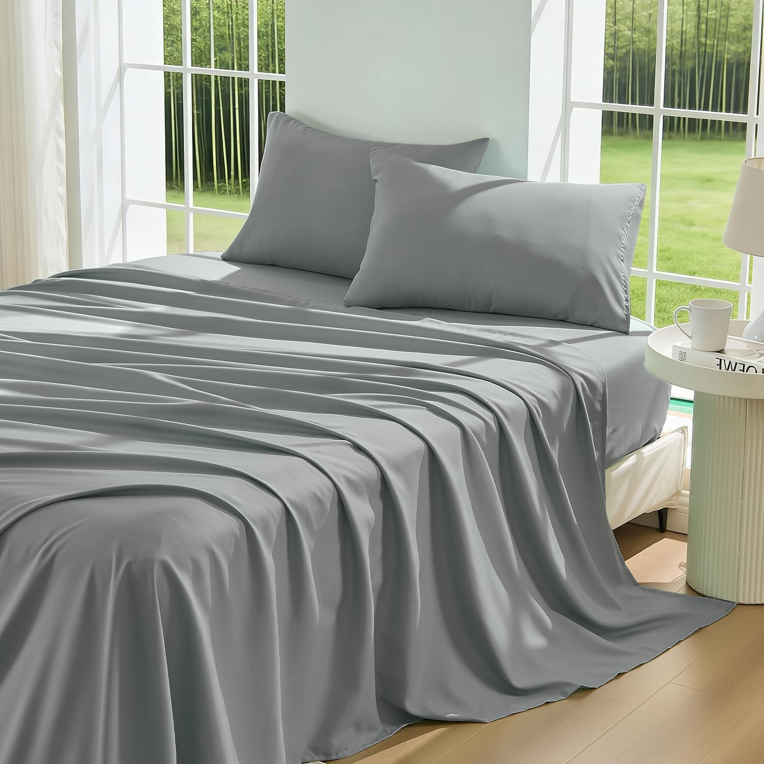 Lovana Bamboo Cooling Sheet Set King for Hot Sleeppers,4 Pack Bed Sheets Set,40Cm Deep Pocket,2000Tc Soft Bedding Natural Breathable & Sweat-Wicking,Silver image number 6