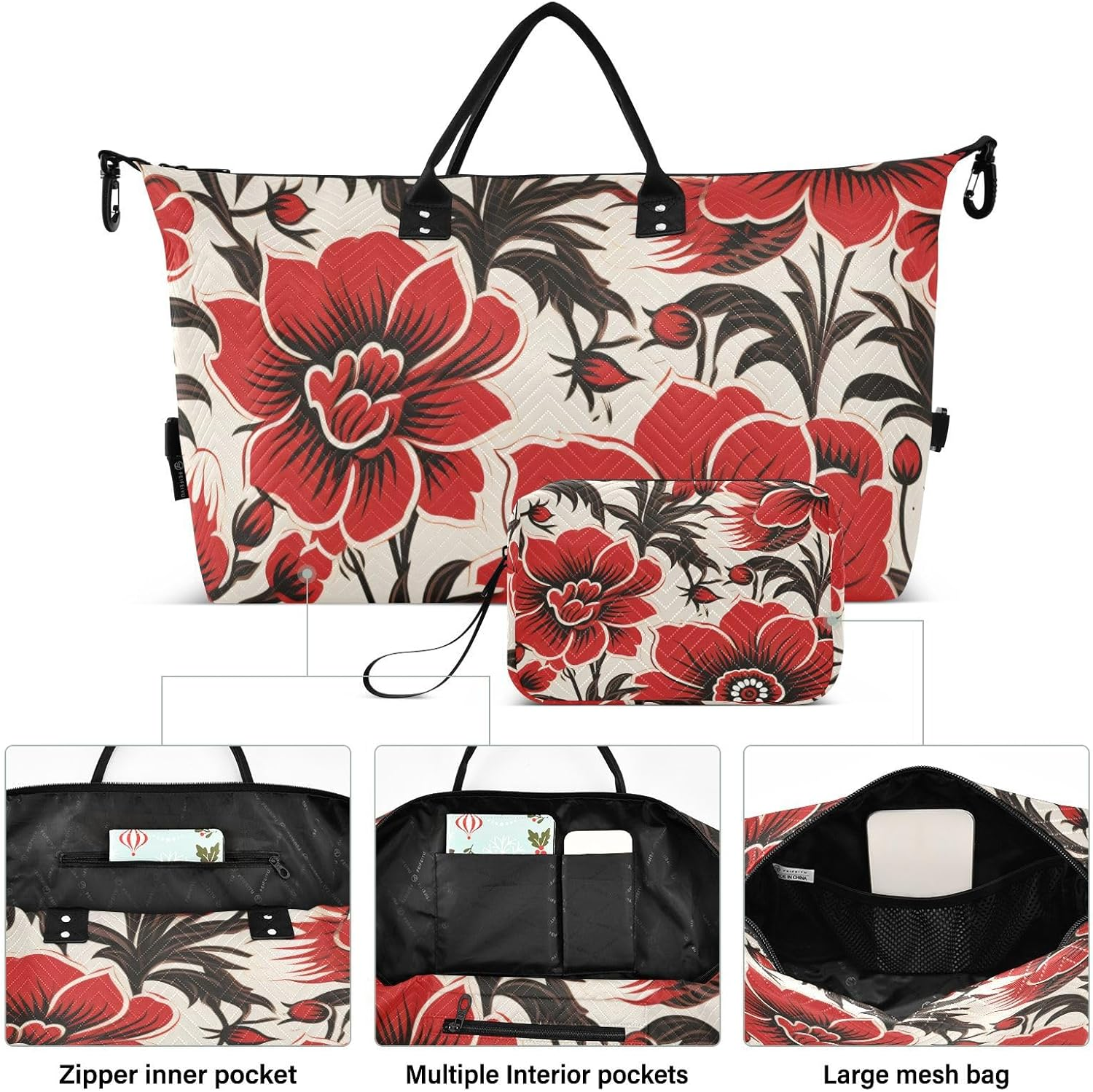 Red Flowers Abstract Retro Travel Tote Bag Travel Weekender Gear Bag Gym Bag with Toiletry Bag for Trip Waterproof, Red Flowers Abstract Retro, 1 Size image number 4